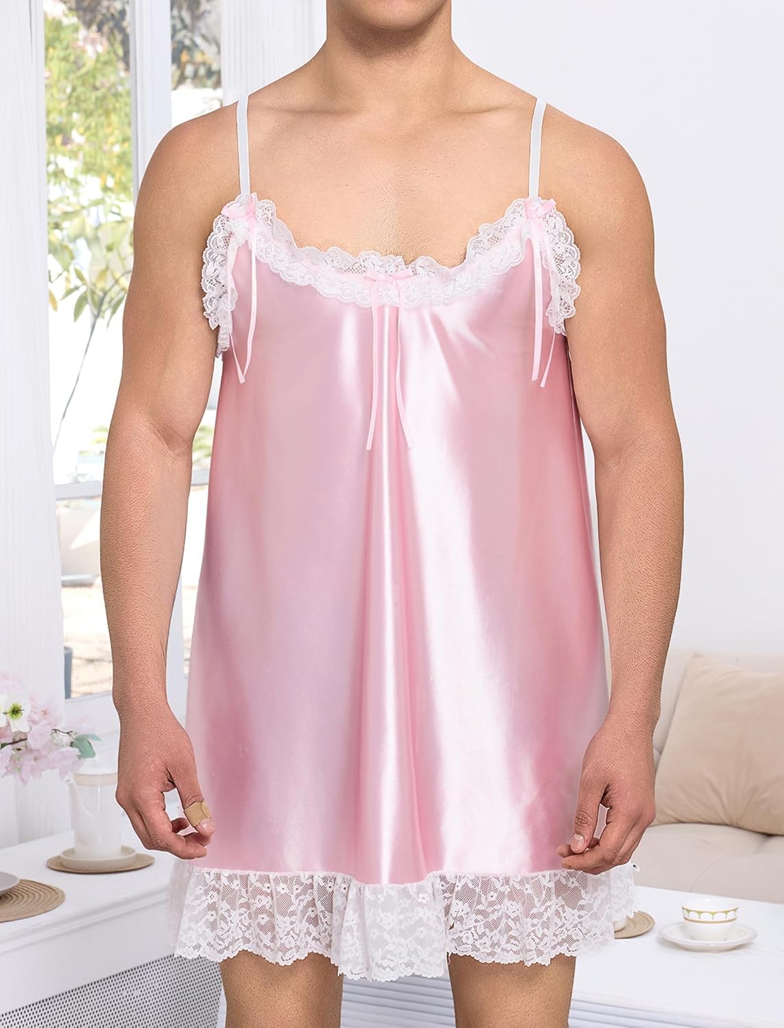 ABAFIP Men's Sissy Nightwear Satin Shiny Ruffle Lace Mini Nightdress Spaghetti Strap Crossdress Nightgown - Image 3