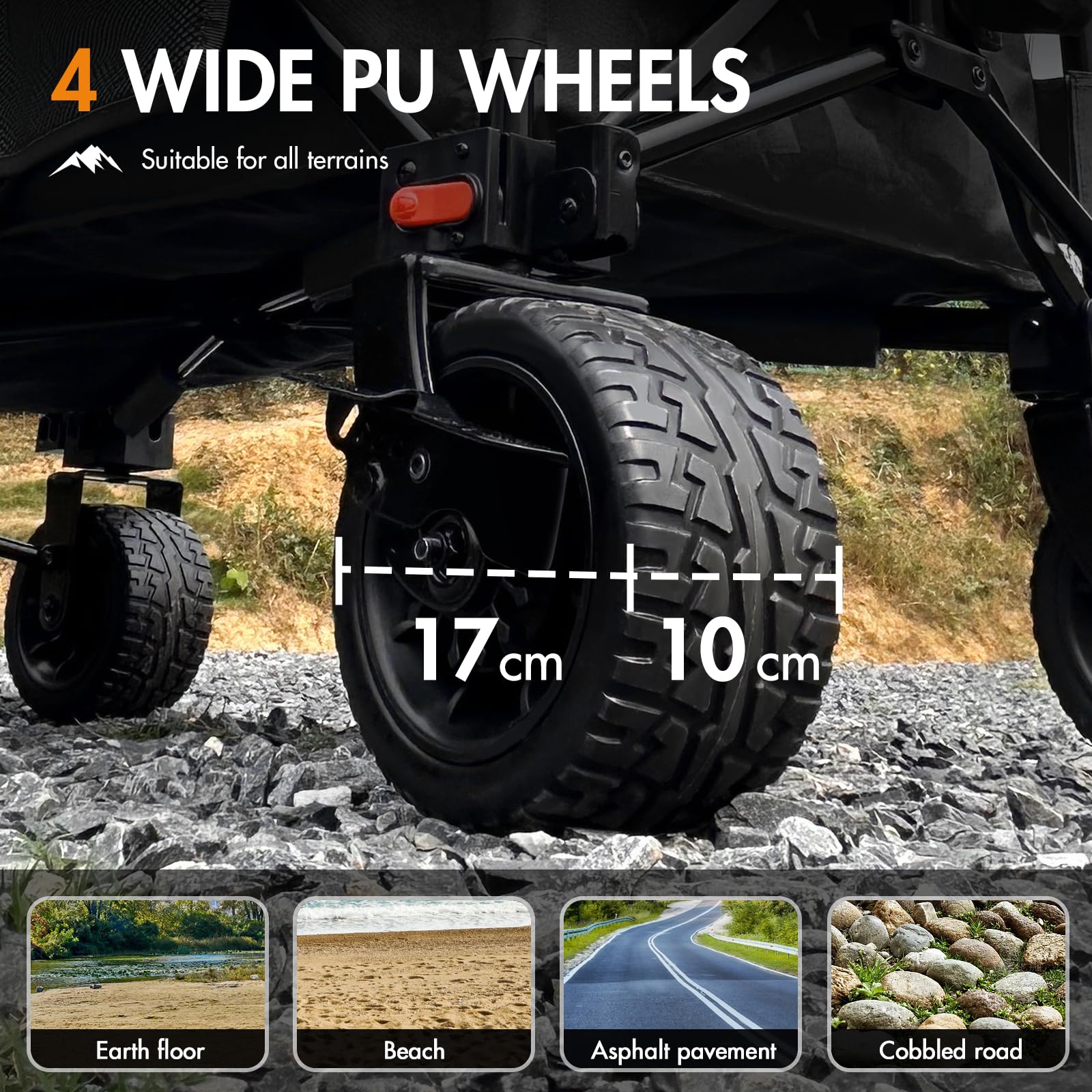 PORTAL Carro de Playa Camping Plegable con Frenos – Ruedas Anchas Todo Terreno, 300L Gran Capacidad, Puerta Trasera Ajustable, Alta Resistencia para Festival, Jardín, Compras