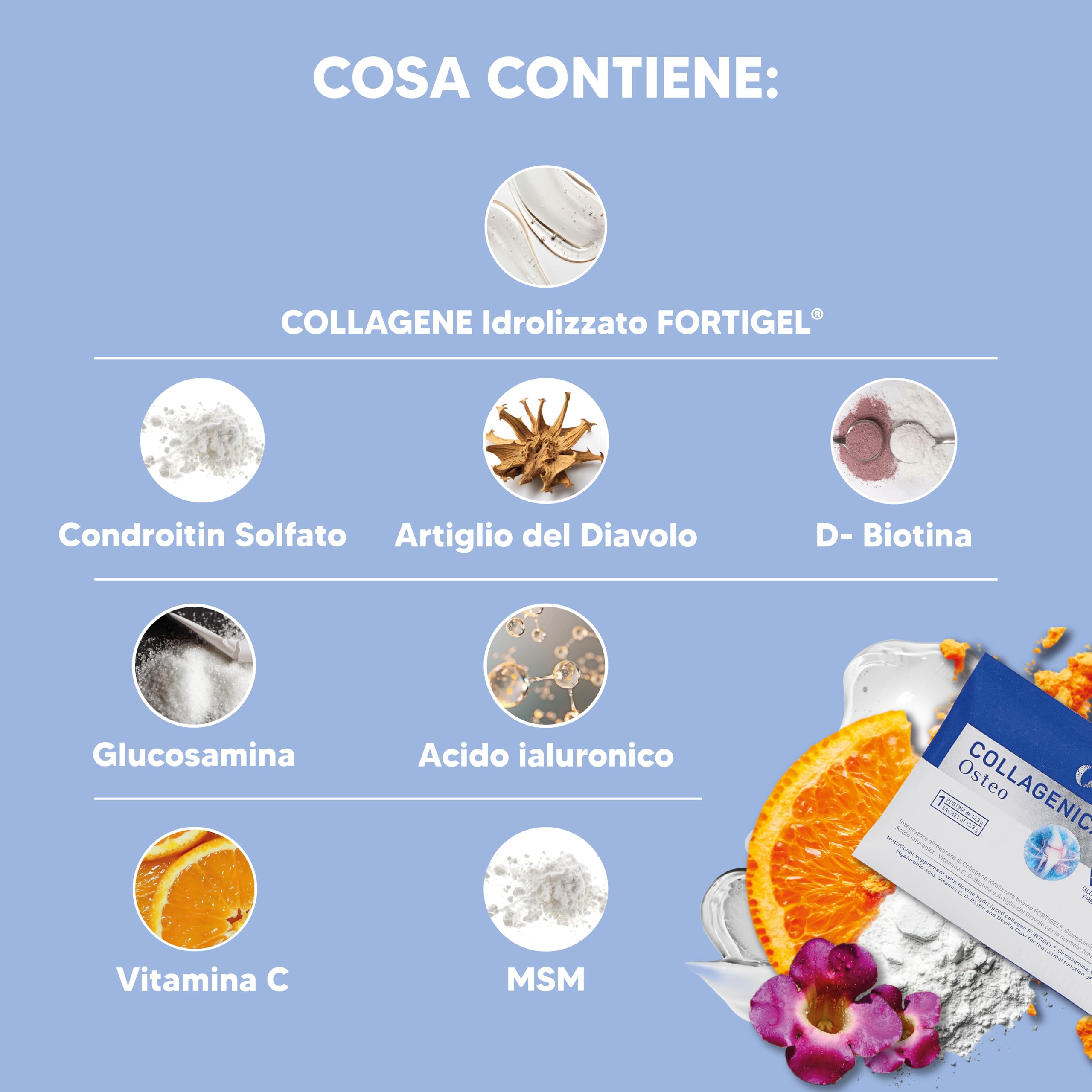 Collagenica Osteo – Supporta Articolazioni, Cartilagini e Ossa - Collagene Idrolizzato Fortigel®, Glucosamina, Condroitina, Artiglio del Diavolo – Infiammazione articolazioni e ossa. 30 Bustine
