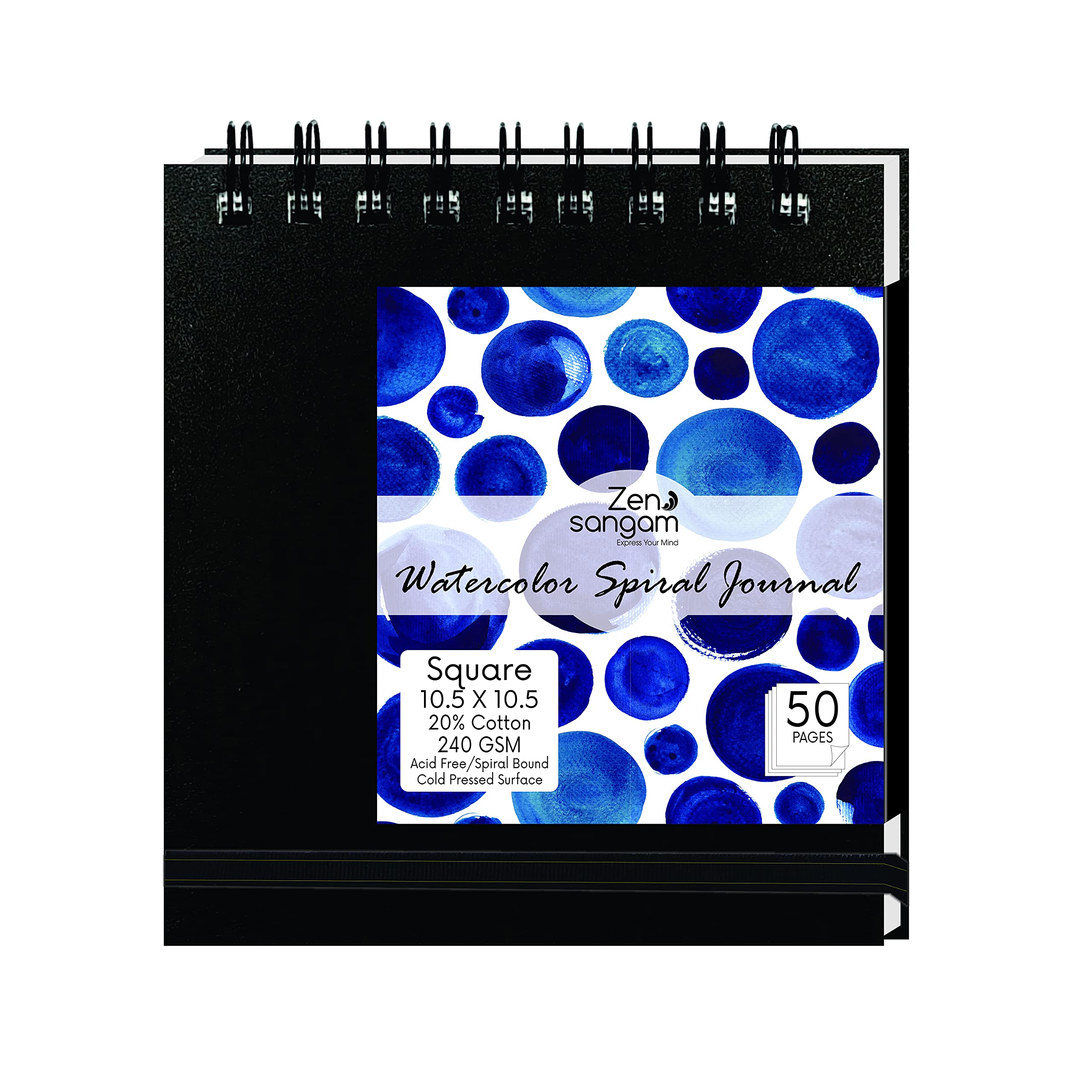 Zen Sangam Express your MindSquare 10.5x10.5cm Spiral Watercolor Journal | 245 GSM 20% Cotton Cold Pressed | 25 Sheets, 50 Pages| Durable Sketchbook for Artists & Professionals | Acid-Free | Black