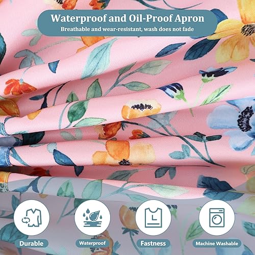 Miniatura 5 de Paquete de 2 delantales de acuarela con flores silvestres para mujer, delantales de cocina ajustables con 2 bolsillos, delantales de chef florales