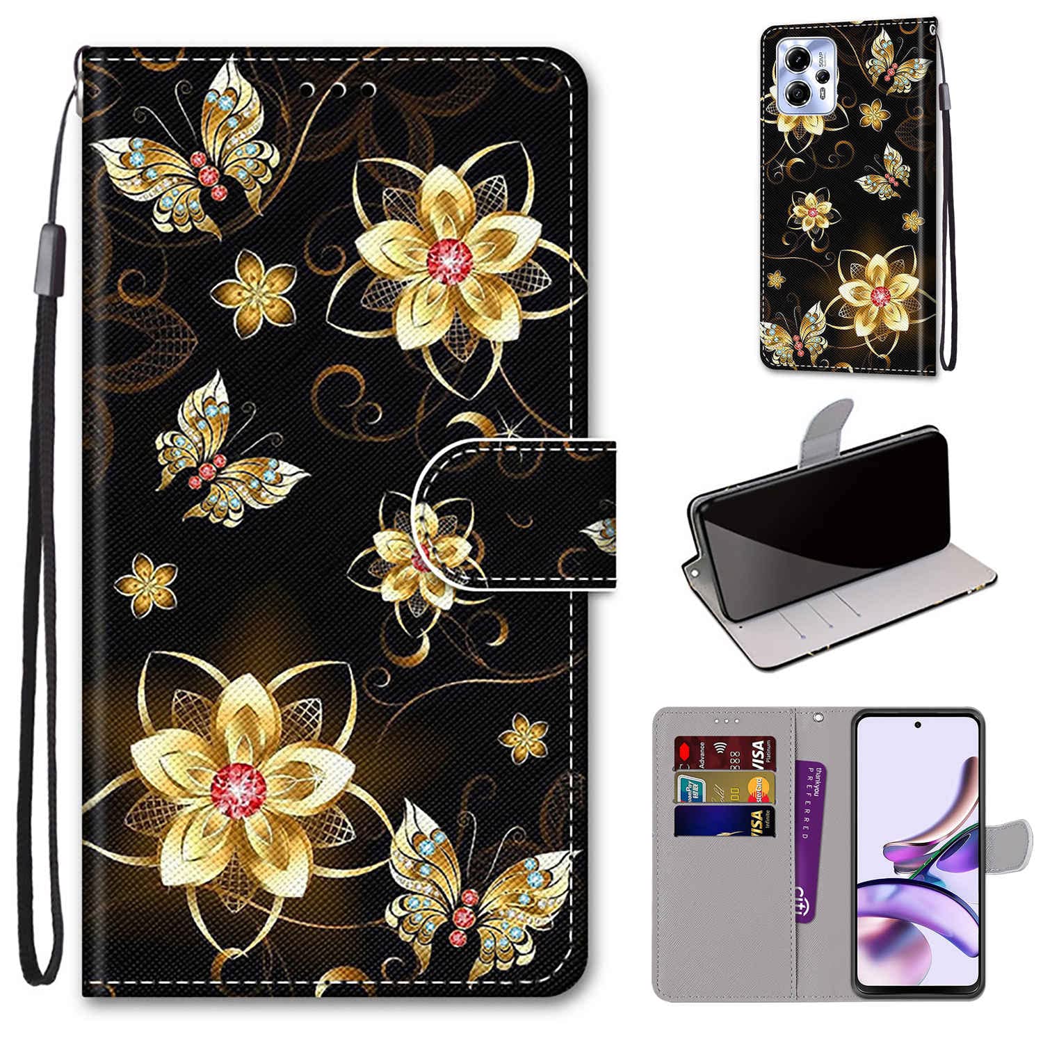 Cover Portafoglio Per Motorola Moto G13/G23/G53 – Pelle PU Con Farfalla Dorata, Flip Con Slot E Supporto - 3
