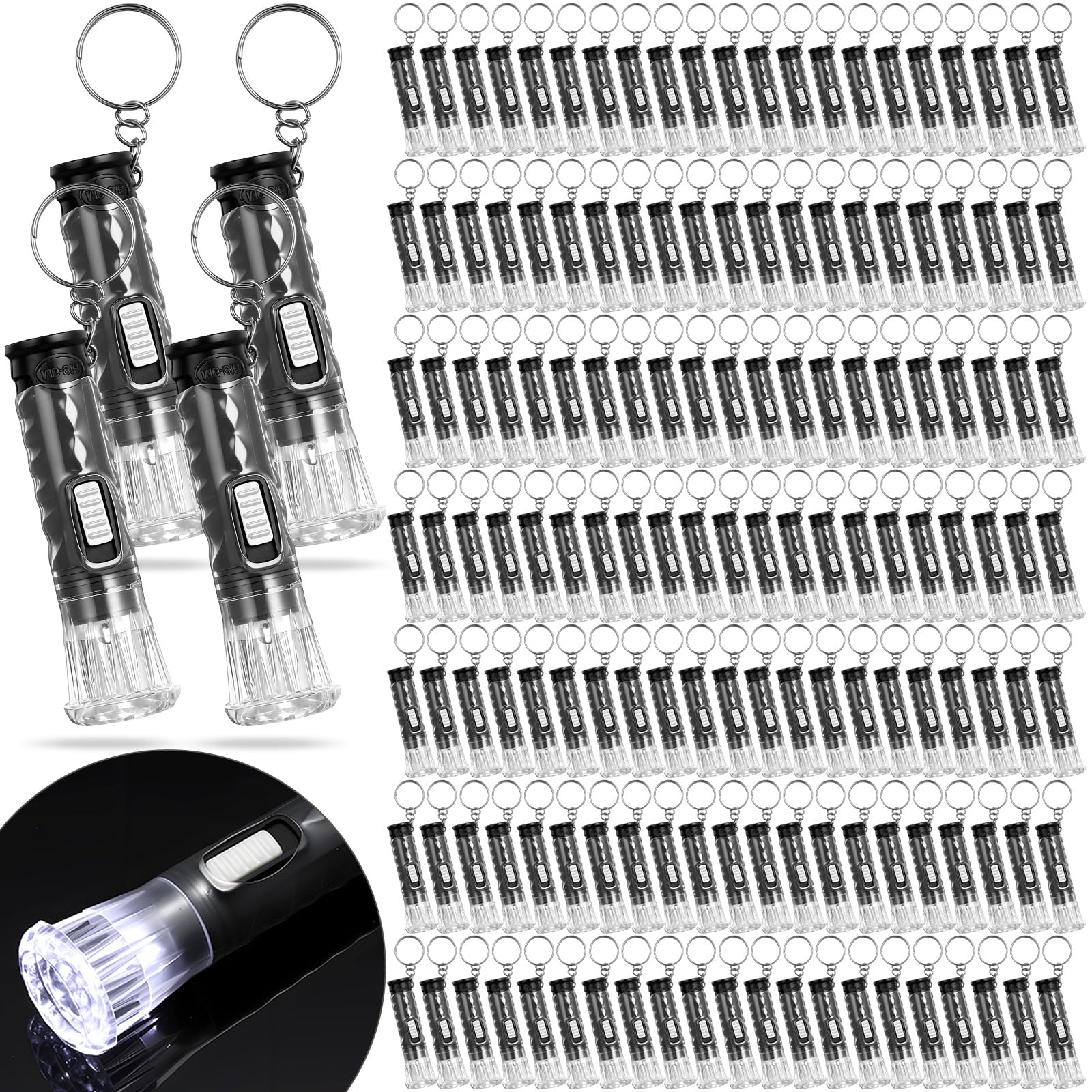 Geelin 200 llaveros de mini linterna a granel, linterna LED pequeña para senderismo, camping, fiestas, viajes, noche, lectura, perro, caminar, bolsas de golosinas (color negro)
