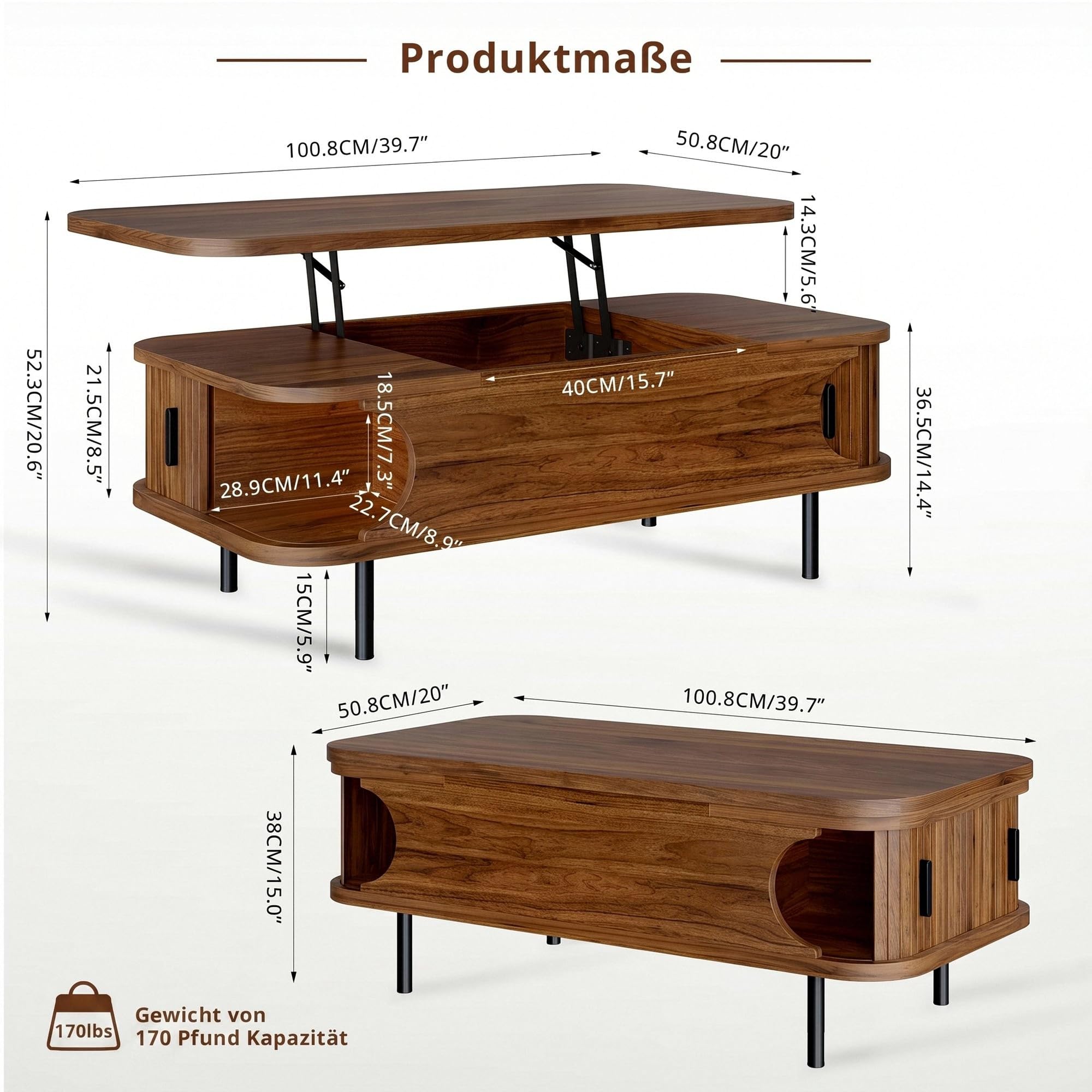 IRONCK Couchtisch höhenverstellbar, Wohnzimmertisch mit Stauraum, Holz Kaffeetisch mit Schiebetüren, verstecktes Fach, offenes Fach, für kleine Räume, Wohnzimmer, Homeoffice, 101x51x52cm, Walnüsse
