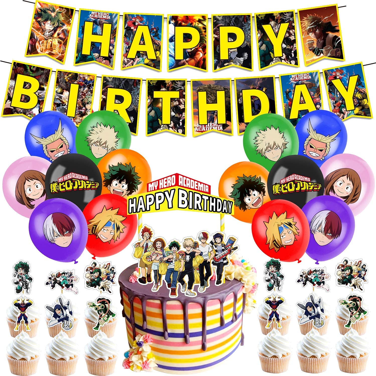 MAILEWAN My Hero Academia Party Supplies, Birthday Decorations Set Including Balloons, Banner, Cake Toppers, Cupcake Toppers for MHA Fans Kids, MHA Theme Birthday Party Supplies