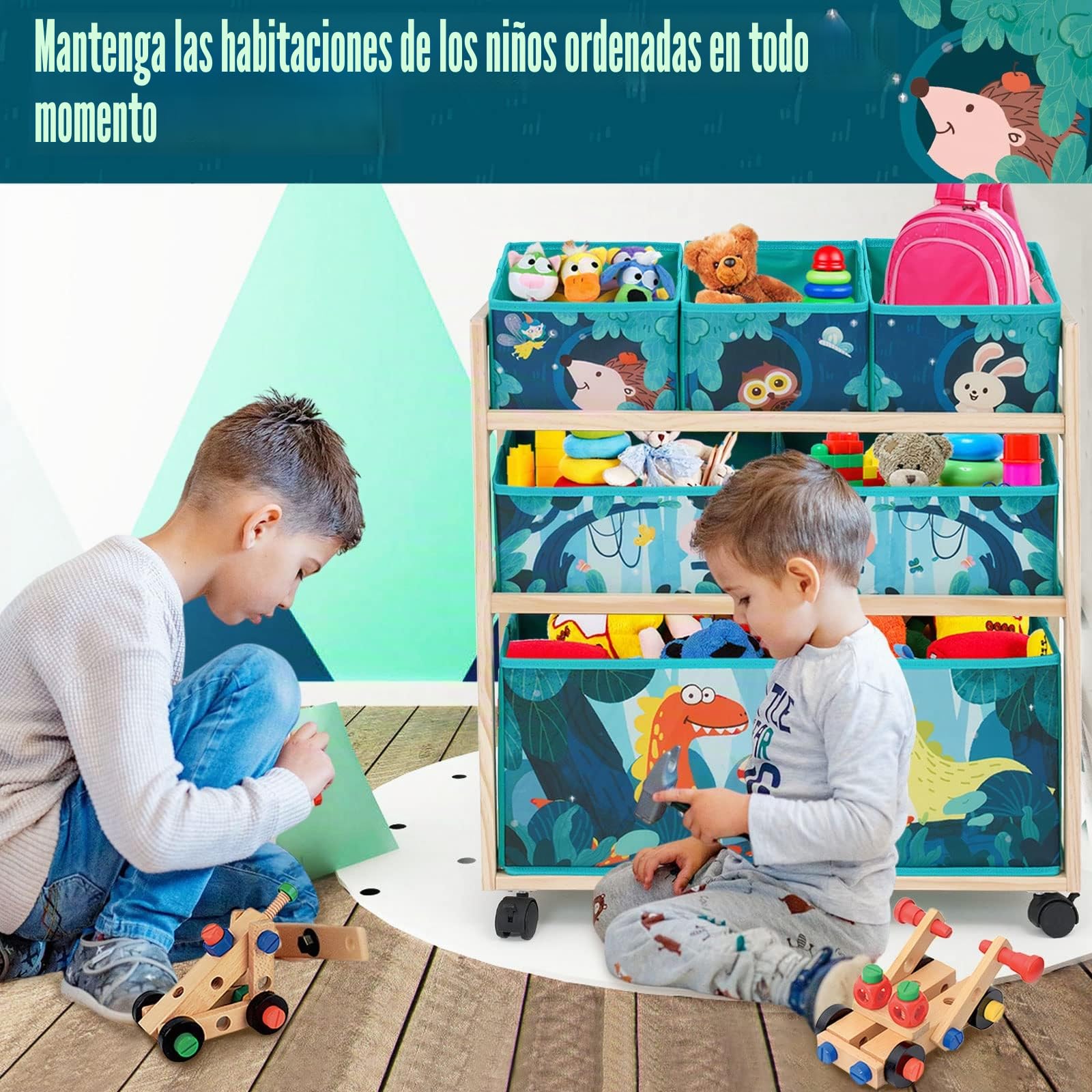 HOMCENT Organizador de juguetes con ruedas y 6 contenedores de almacenamiento de gran capacidad para guardar juguetes en la habitación de niños, tema de dinosaurios