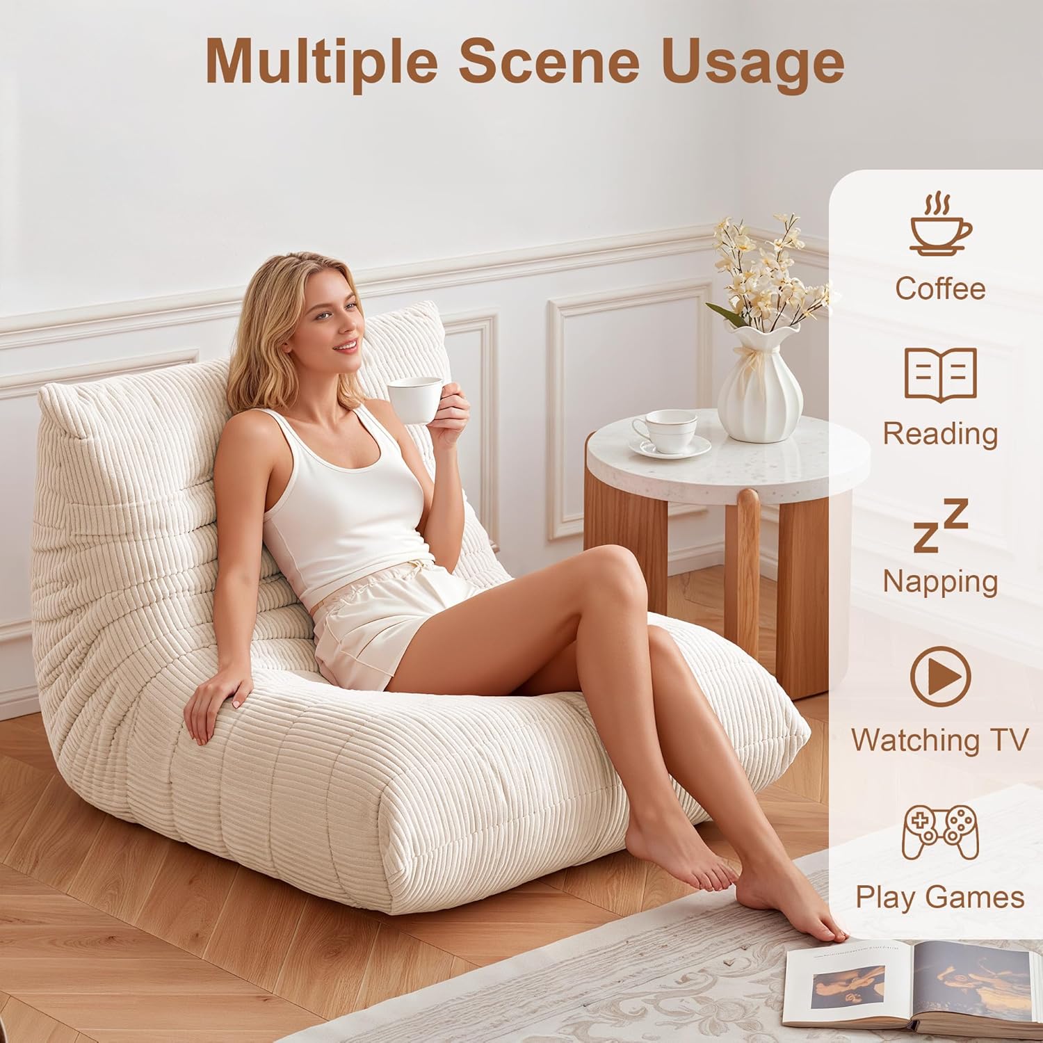 Bean Bag Chair for Adults - Large Bean Bag Chairs with Lumbar Pillow, Oversized Corduroy Memory Foam Boneless Chair with High-Rebound, Lazy Floor Sofa for Reading Gaming Living Room Bedroom, Beige - Image 5