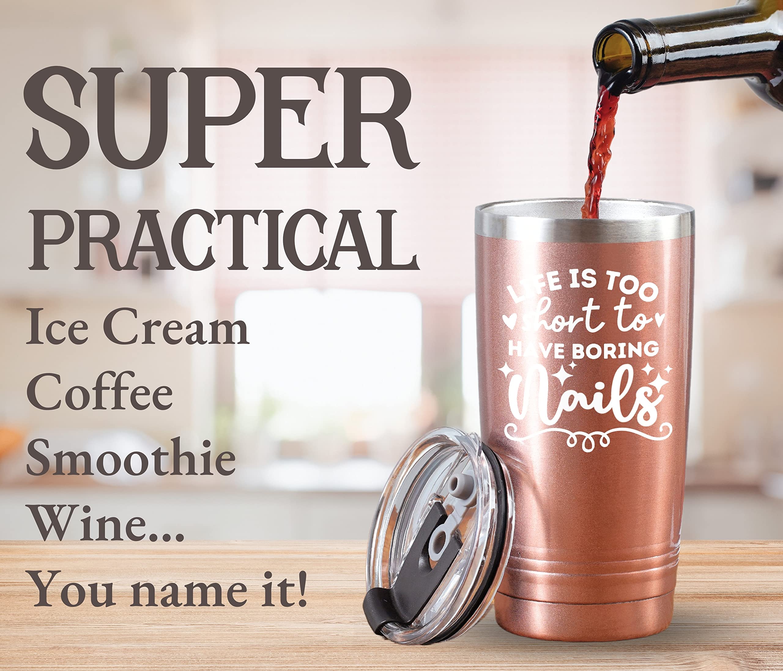Onebttl Funny Nail Tech Gifts, Nail Tech Must Haves - Life If Too Short To Have Boring Nails - 20oz Stainless Steel Mug with Lid and Straw - Rose Gold