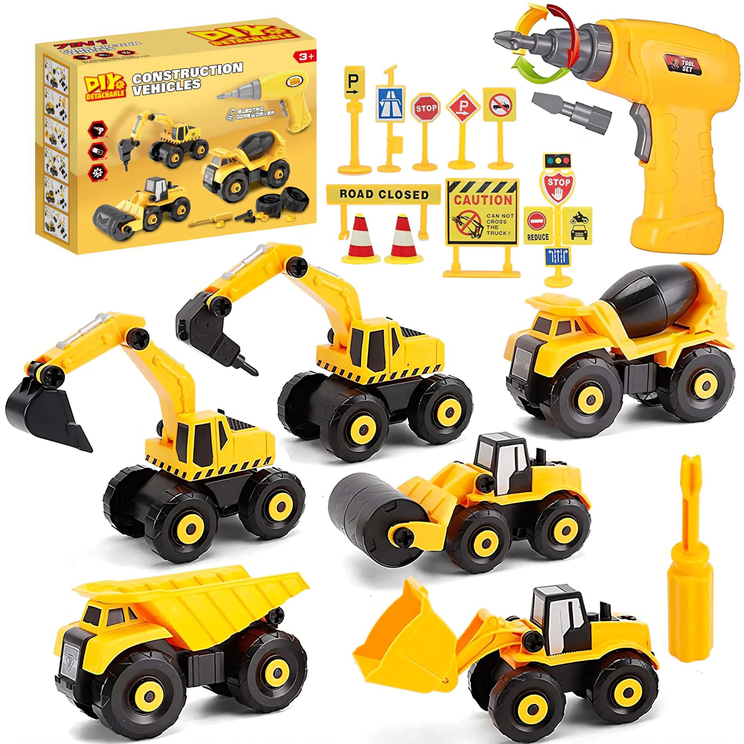 STAY GENT Take Apart Construction Vehicles Toys with Electric Drill, Building Excavator Toy STEM Trucks for Kids with Storage Box, Digger DIY Educational Learning Gifts for Ages 6+ Boys Girls