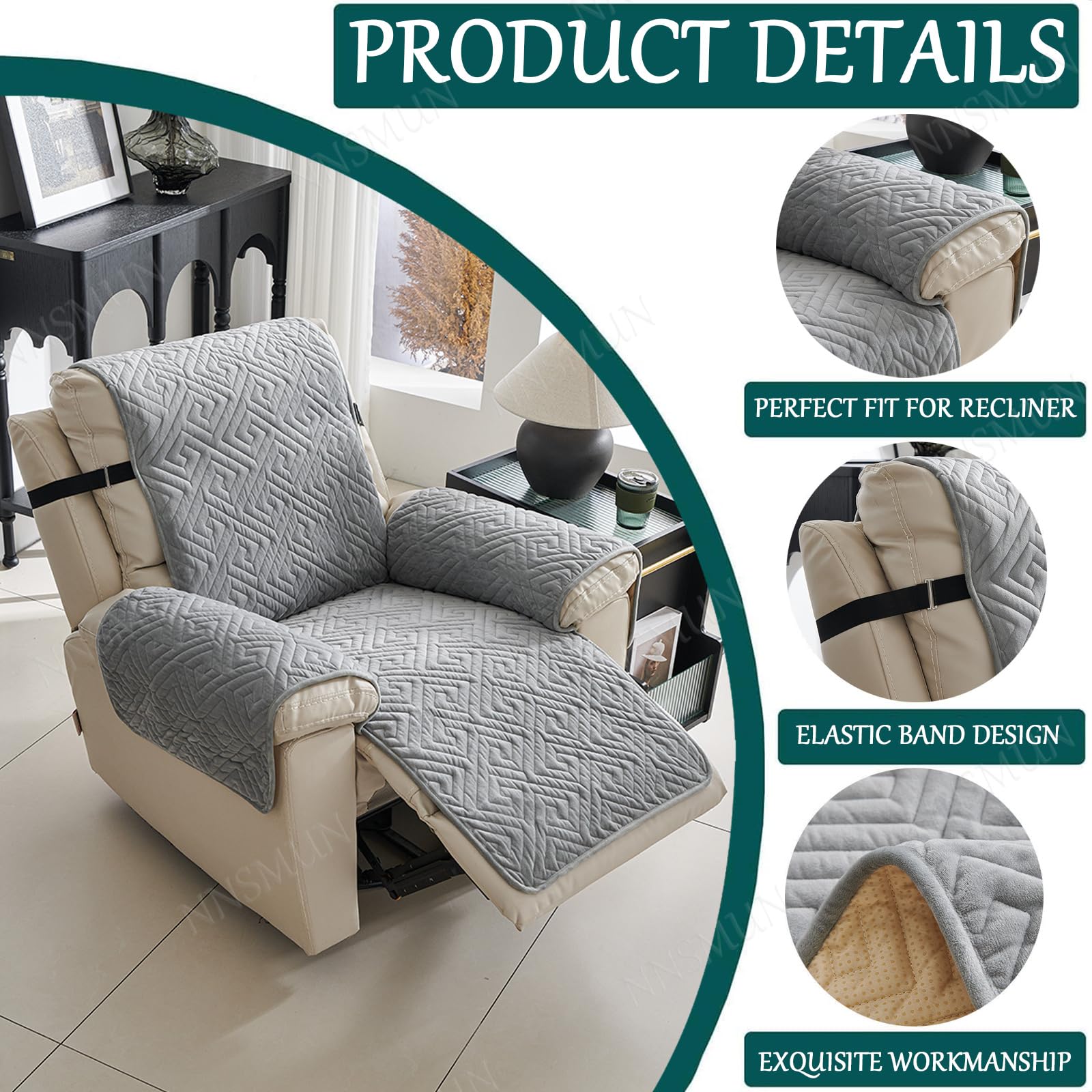 Funda para Reposabrazos De Sofá Funda De Sillón Reclinable Funda Cubre Sofá Funda para Sillón, Protector Sofá Acolchado para Mascotas Y ManchasAnti-Sucio (Gris,55x200CM)