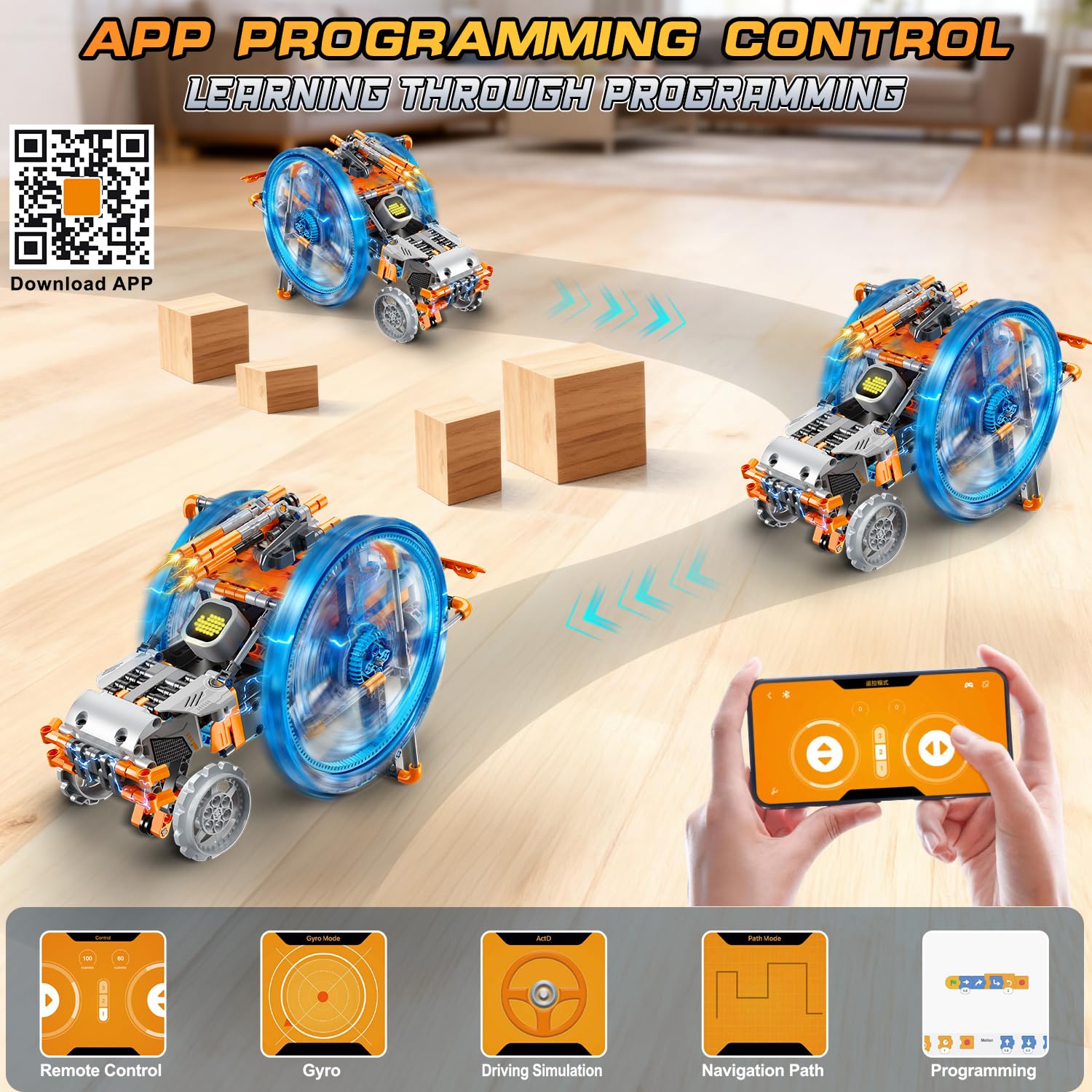 HiWEEGO Technik Roboter für Kinder Bauspielzeug mit LED-Augen, 5-in-1 Fernbedienung und App Wiederaufladbare RC Robot mit einzigartigem Raddesign Geschenk für Jungen Mädchen Teens ab 12+ (783 Stück)