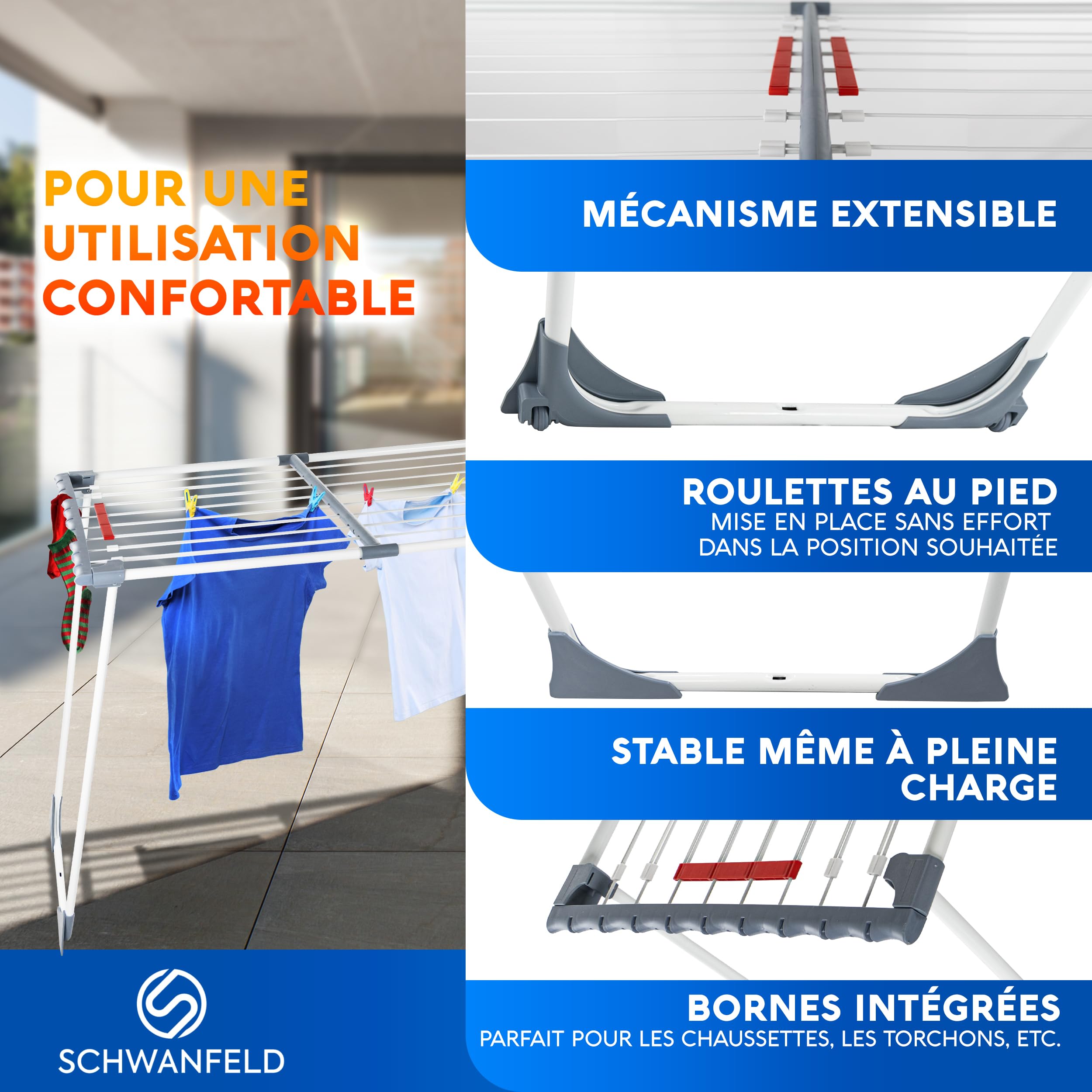 SCHWANFELD® sechoir a Linge Exterieur [20M Longueur DE SÉCHAGE] - etendoir Linge Interieur - tancarville Linge Solide XXL - séchoirs à Linge - étendoir à Linge - etandoire à Linge intérieur