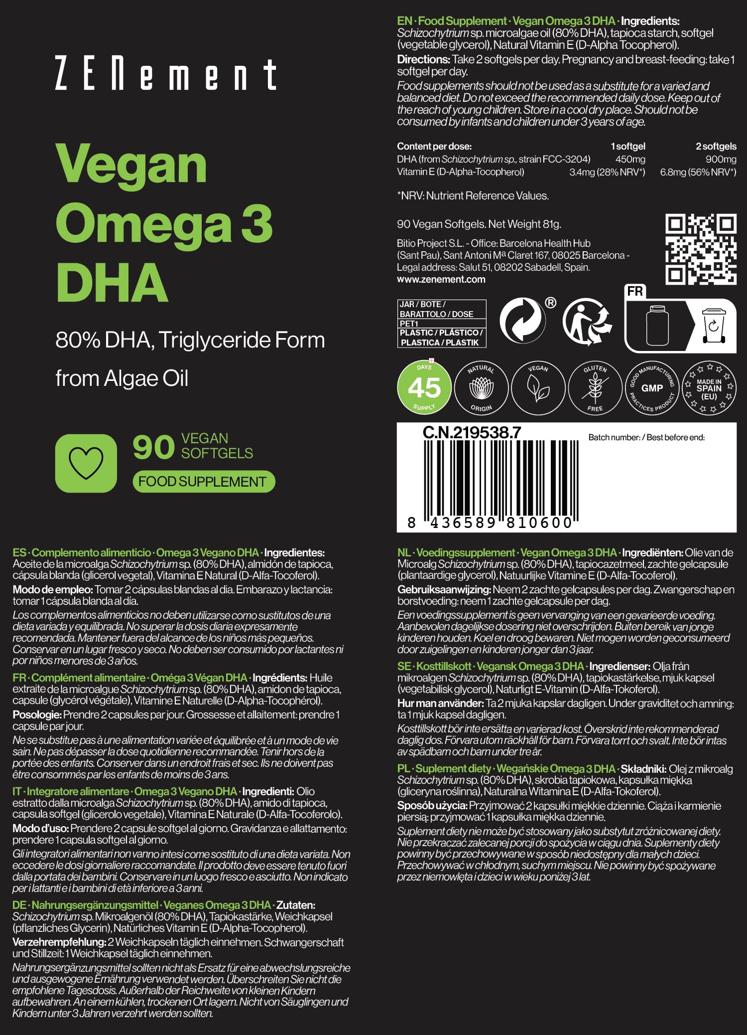 Wegańskie Omega-3 80% DHA - z oleju z alg - 900 mg DHA w porcji dziennej (2 kapsułki) - w formie trójglicerydów - 90 kapsułek żelowych
