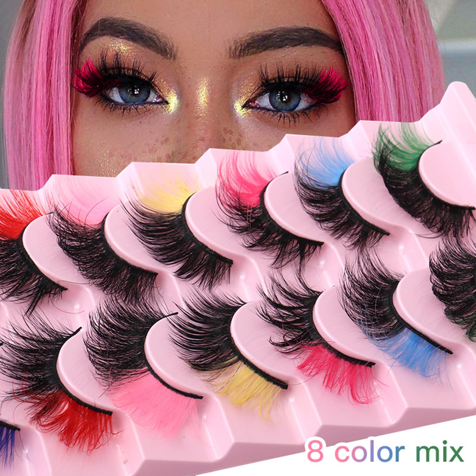Fankexi 8 Pairs Colored False Eyelashes Fluffy Faux Mink Lashes Russian Strip Long Eye Lashes Colorful Extension Volume Fake Eyelashes with 8 Color Mixed,Clear