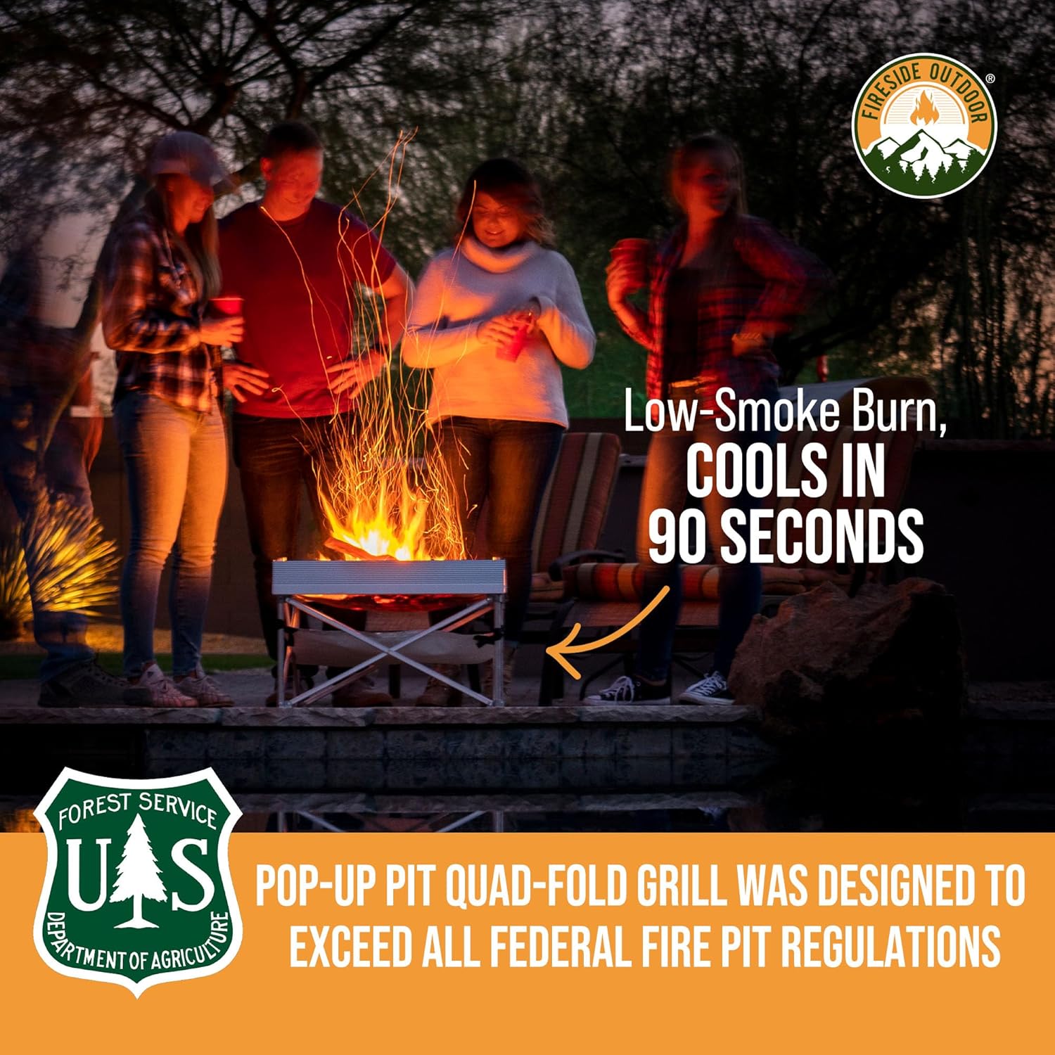 Fireside Outdoor Pop-Up Portable Fire Pit Grill - Camping Charcoal Grills, BBQ Grills, Portable Firepit Campfire Pit, Outdoor Fire Pits Cooking Grate with Grill and Heat Shield - Quad-Fold Grates