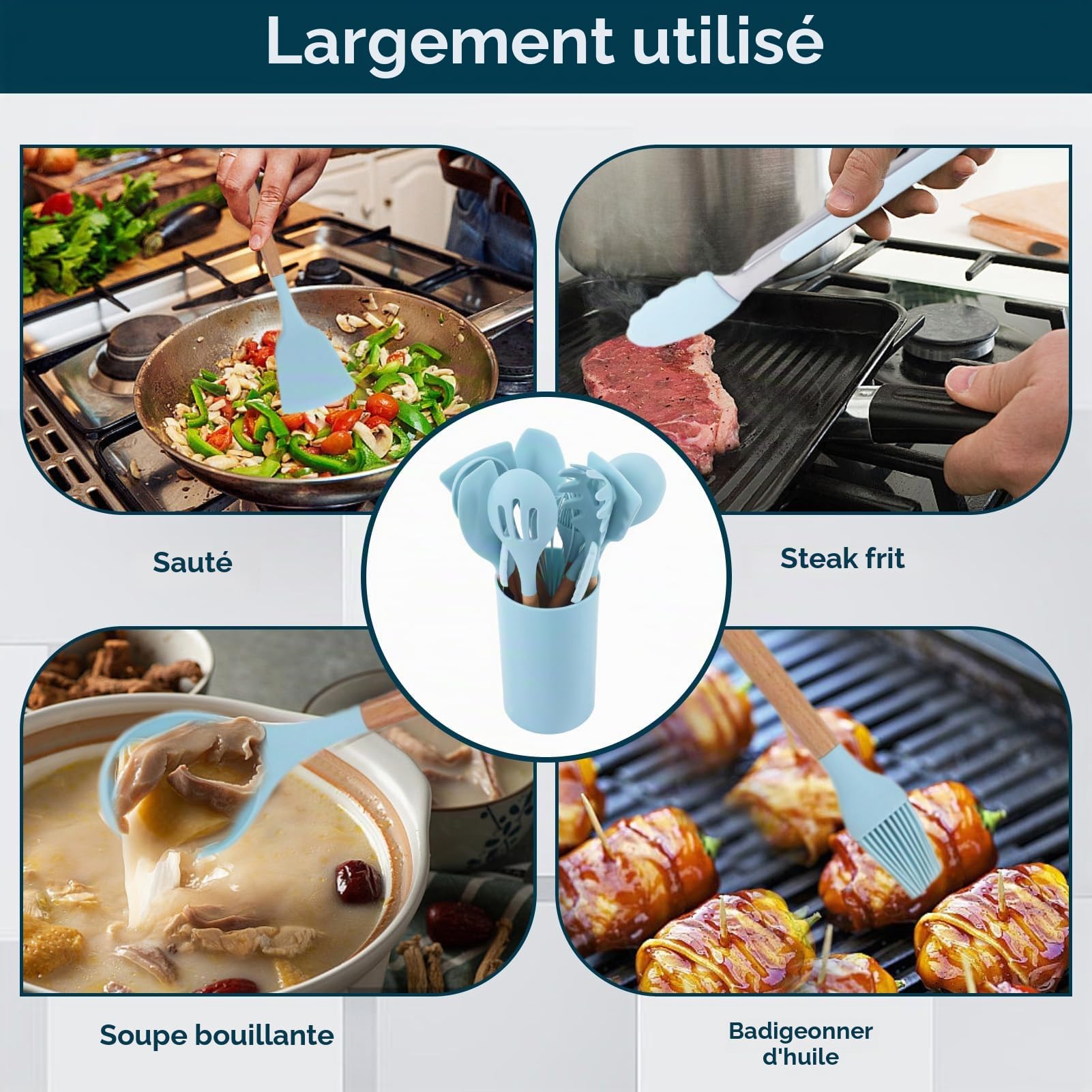 Ensemble d'ustensiles de cuisine 12pcs, ensemble d'ustensiles de cuisine en silicone bleu clair ustensile de cuisine antiadhésif avec manche en bois ustensiles de cuisine en silicone
