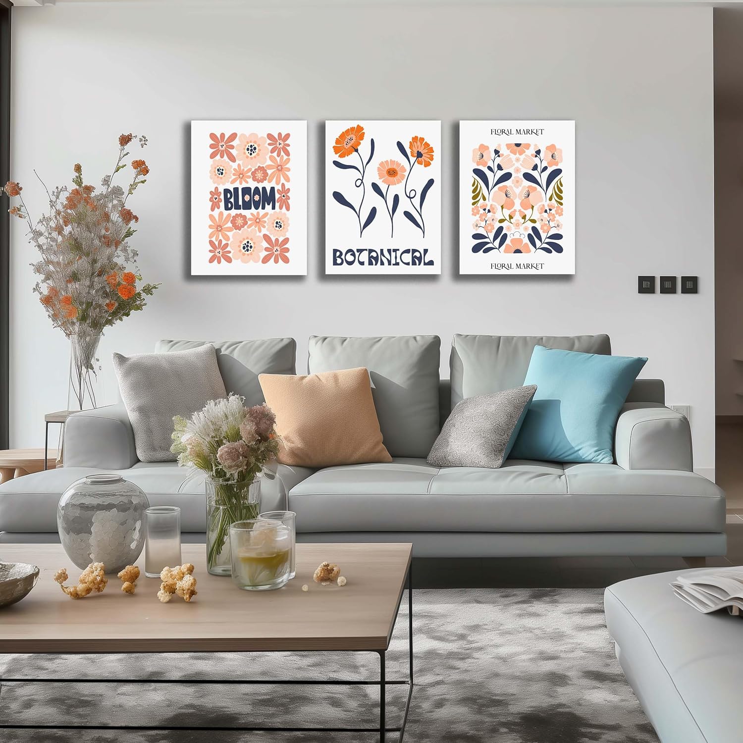 SKYRISE Floral Canvas Wall Art Set of 3, Rustic Botanical Canvas Paintings Prints ArtWork for Living Room, Vintage Flower Pictures for Farmhouse Dining Room Hallway Bedroom Wall Decor 12"x16"