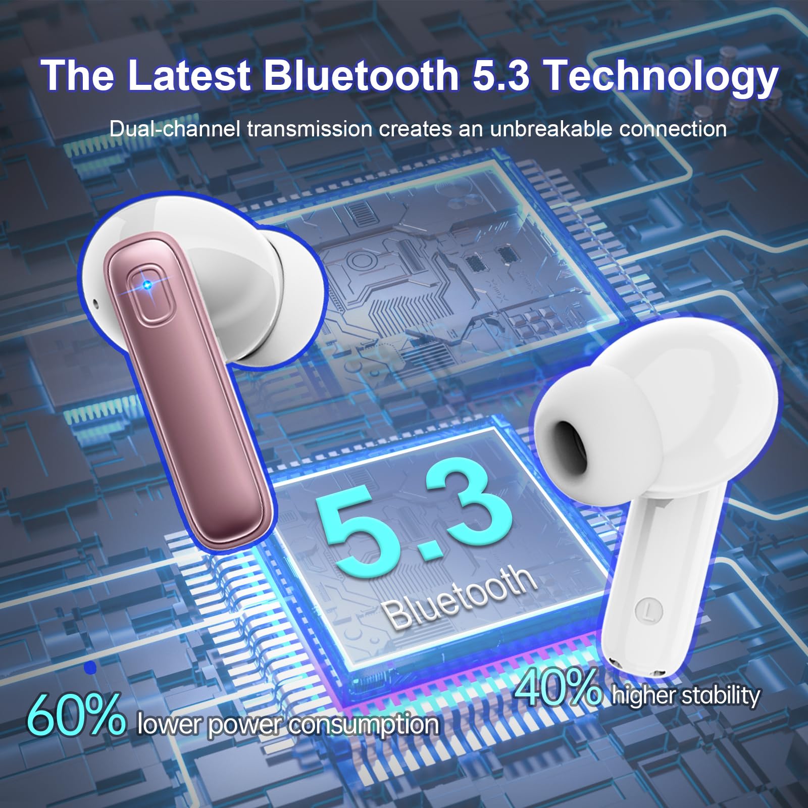 Cuffie Bluetooth, Renimer Auricolari Bluetooth 5.3 con Driver Dinamico 14.2mm Stereo, 4 ENC Mics Cancellazione Rumore Cuffie Wireless in Ear, 40 Ore Cuffiette, IP7 Impermeabile USB-C Cuffie Senza Fili