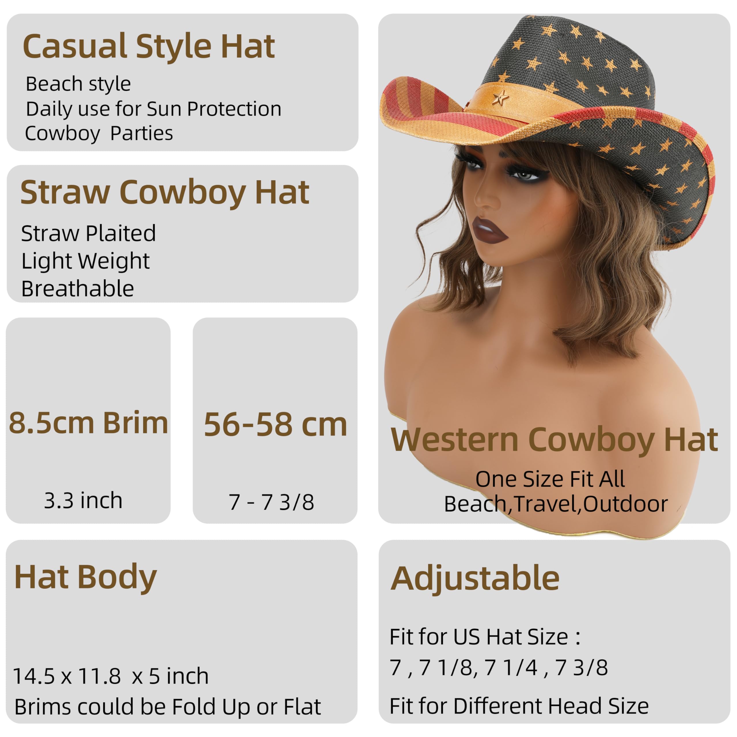 Cappello da cowboy con bandiera americana, unisex, stile patriottico del 4 luglio, cappello da cowgirl