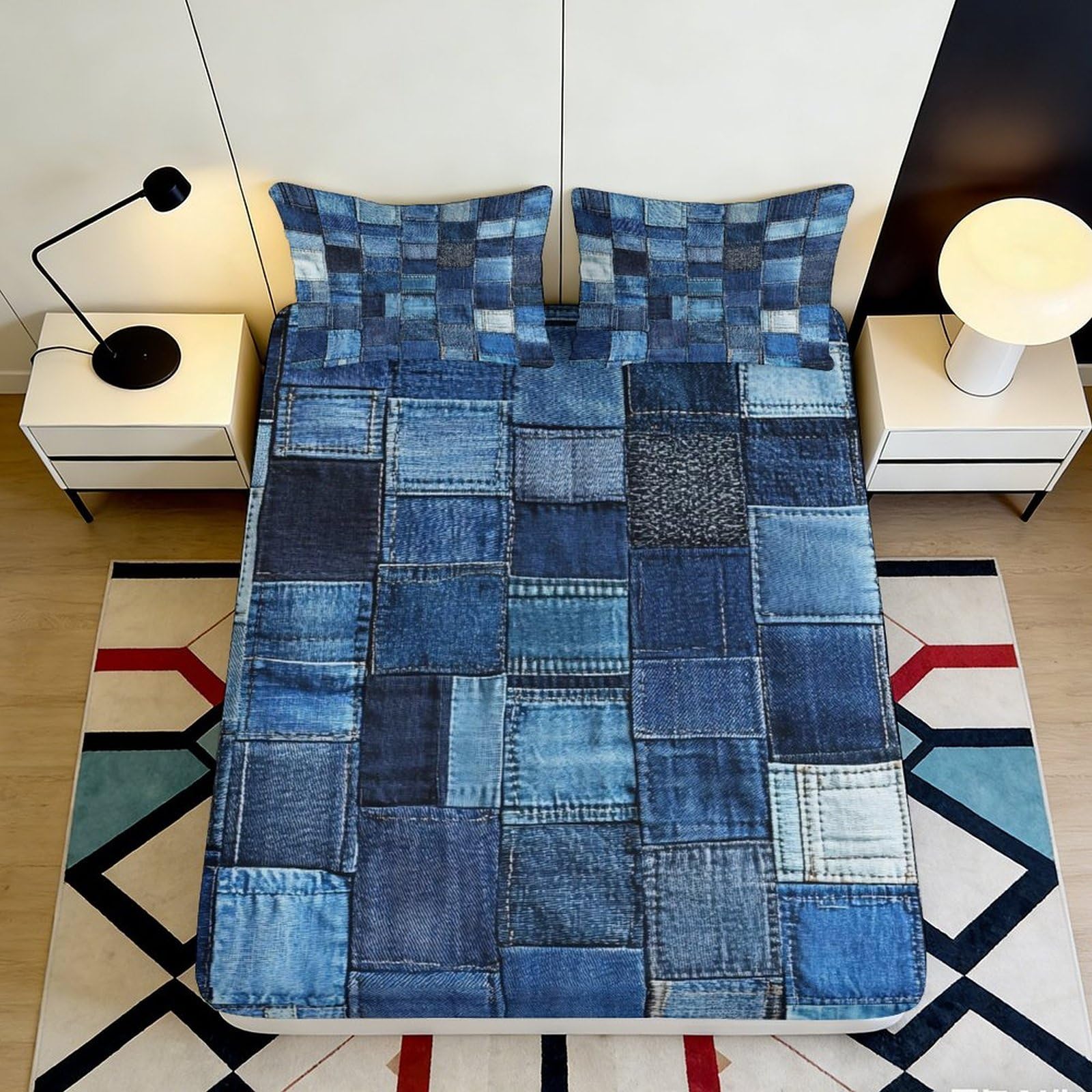 3D Printed Denim Patchwork Fitted Sheet Microfiber Deep Pocket Non-Slip Bedroom Bedding Denim Mattress Fitted Cover Full Wrap Washable 140x200x25cm