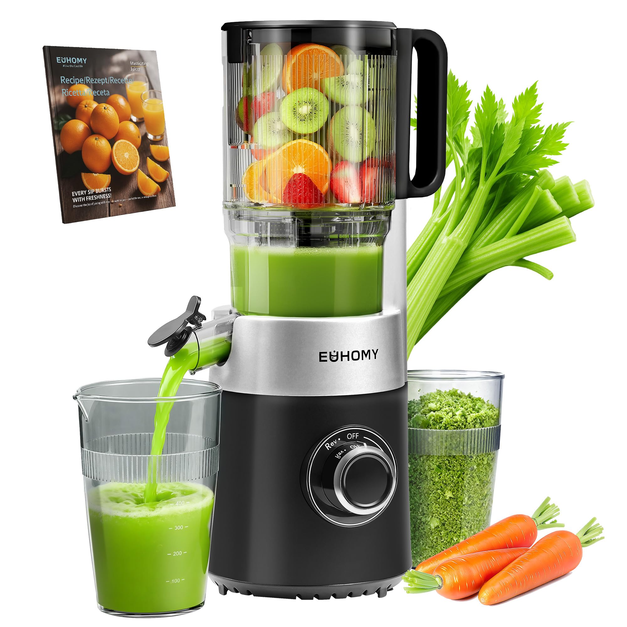 EUHOMY Cold Press Juicer Machines, 135mm&1.8L Chute for whole Fruits and Vegetables, Self Feeding Slow Masticating Juicer with Auto-cutting Auger, Easy Clean, Triple Filter