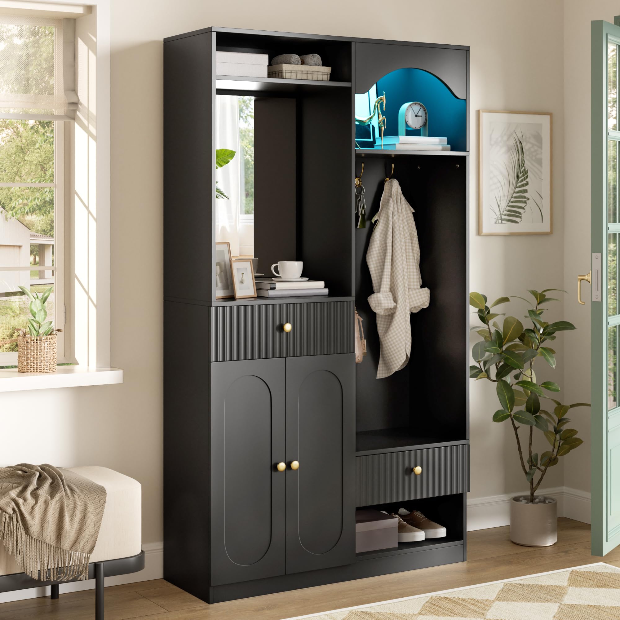 Garderobe Set Garderobenschrank Höhe 180 cm mit LED Licht und Spiegel, Garderobenset Flurgarderoben Set mit Wandgarderobe und Sitzbank, Kompaktgarderobe Flurmöbel mit Haken und 2 Tür, Schwarz