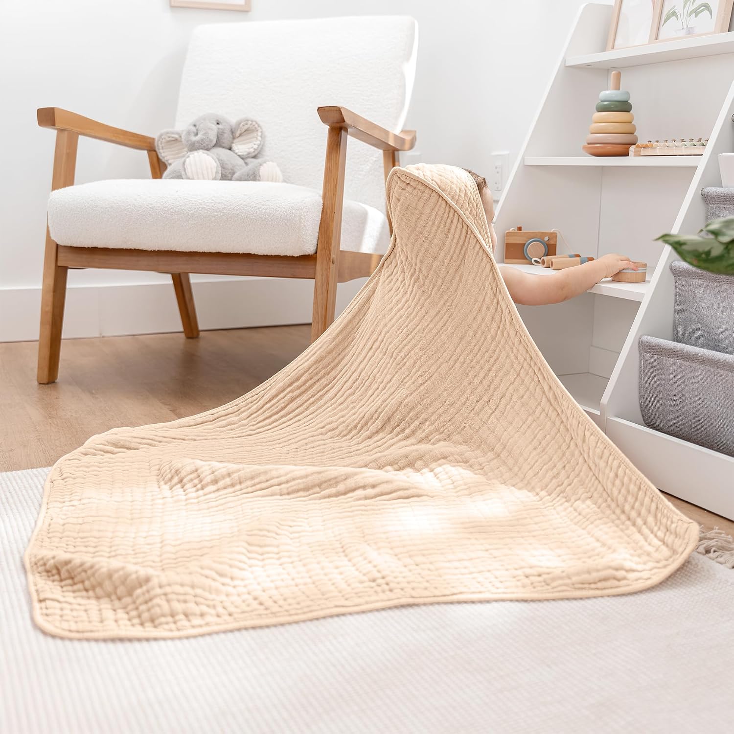 Comfy Cubs Hooded Baby Towel 2-Pack, Large 32 x 32 Inch - 6 Layer 100% Muslin Cotton for Babies, Toddlers and Kids - Soft & Absorbent Baby Bath Towels - Unisex Design for Bath Time - Cream