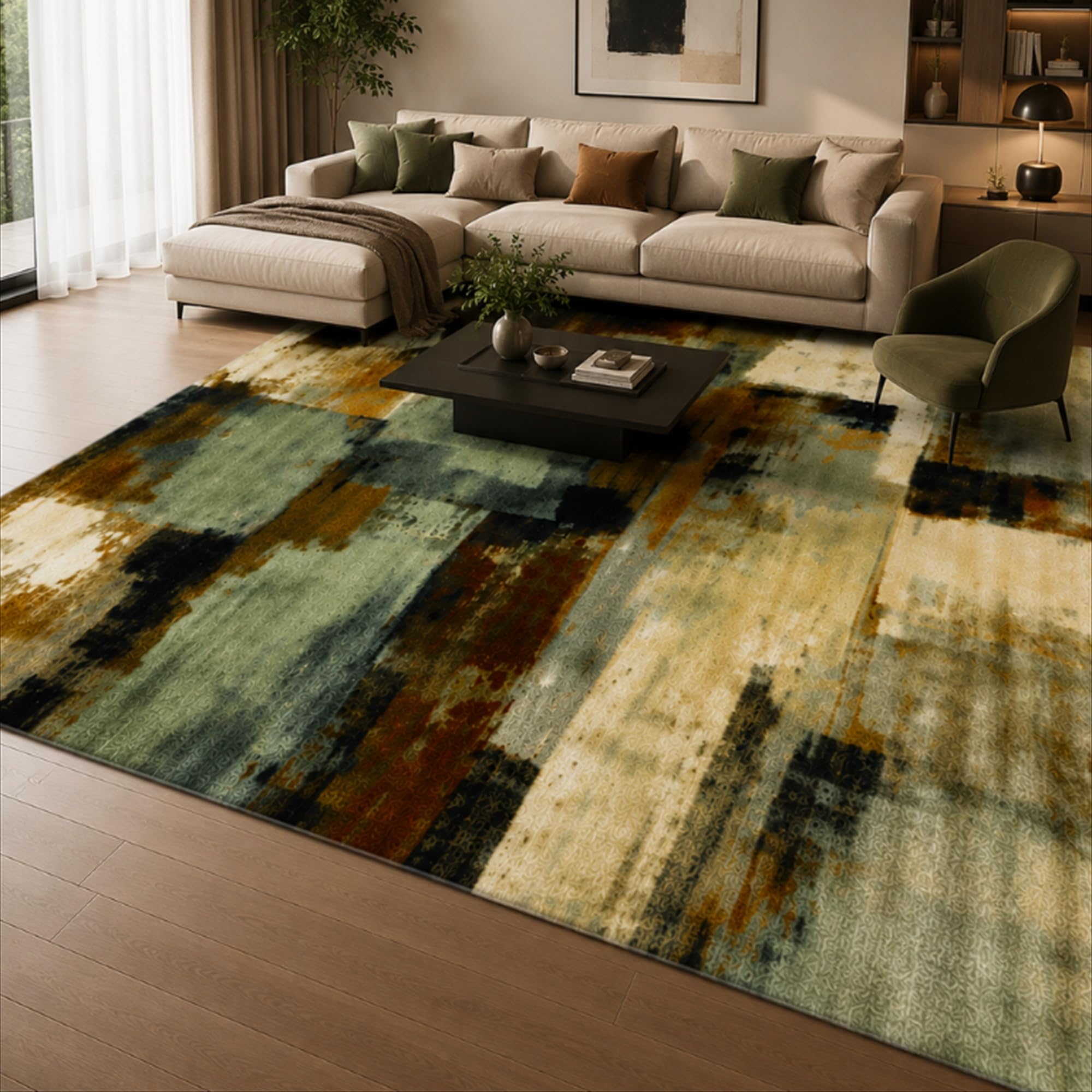 Tappeto Salotto Moderno Astratto Verde Salvia, Beige e Marrone, Lavabile in Lavatrice e Antiscivolo TPR, Pelo Corto Morbido per Soggiorno e Camera da Letto (200 x 300 cm)