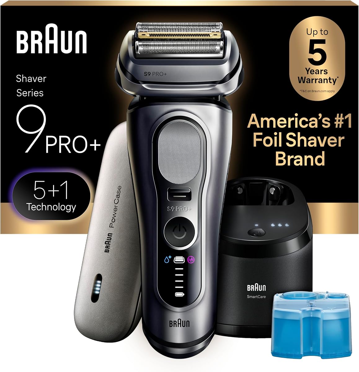 Afeitadora Eléctrica Braun para Hombre Serie 9 PRO+ Afeitadora Eléctrica de Hoja con Recortadora de Precisión, Centro SmartCare 6 en 1, Estuche Motorizado de Viaje, 9677cc