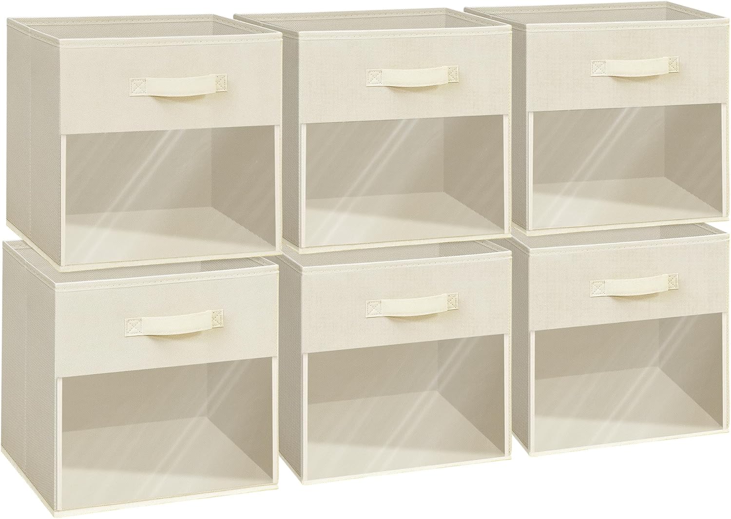 Easi 13 inch Cube Storage Bins, 6 Pack Collapsible Storage Cubes With Window, Clear Cubby Storage Bins for Shelves, Large Closet Storage Baskets Cubes Organizer for Home Organization, Beige