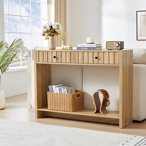 Miniatura 7 de Mesa consola con cajones, mesa de entrada estrecha de mediados de siglo con estante de almacenamiento, mesa de entrada de madera detrás del sofá Ta