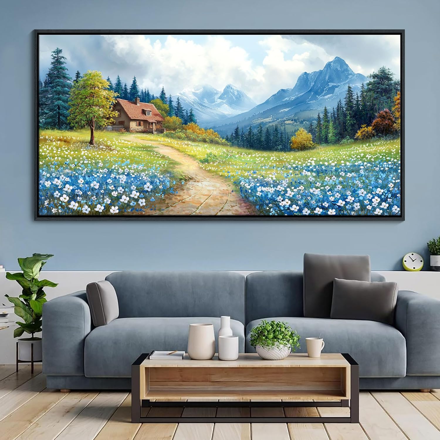 CHATYOUNG Large Mountains Wall Art, Rustic Blue Forest Wild Flowers Wall Picture Path Cottage Landscape Framed Wall Paintings for Living Room Bedroom kitchen Home Decor Gifts for Women 29X58