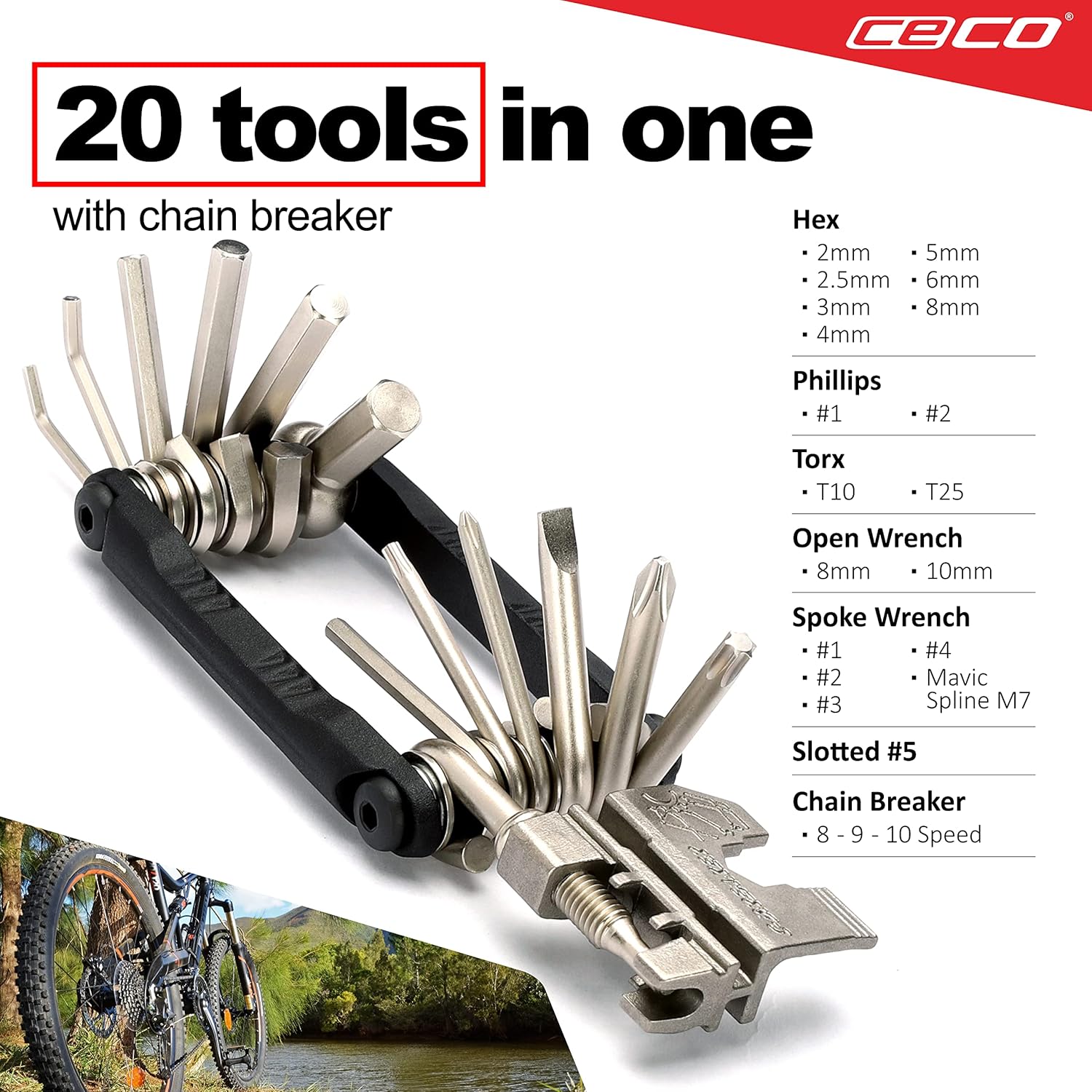 CECO USA 20 Function Bike Tool with Chain Breaker, Bicycle Multi Tool, Heavy Duty, Compact Pocket Sized, Lightweight, High Strength CR-V 6150 Tool Steel, Easy To Carry, Case Pouch Included