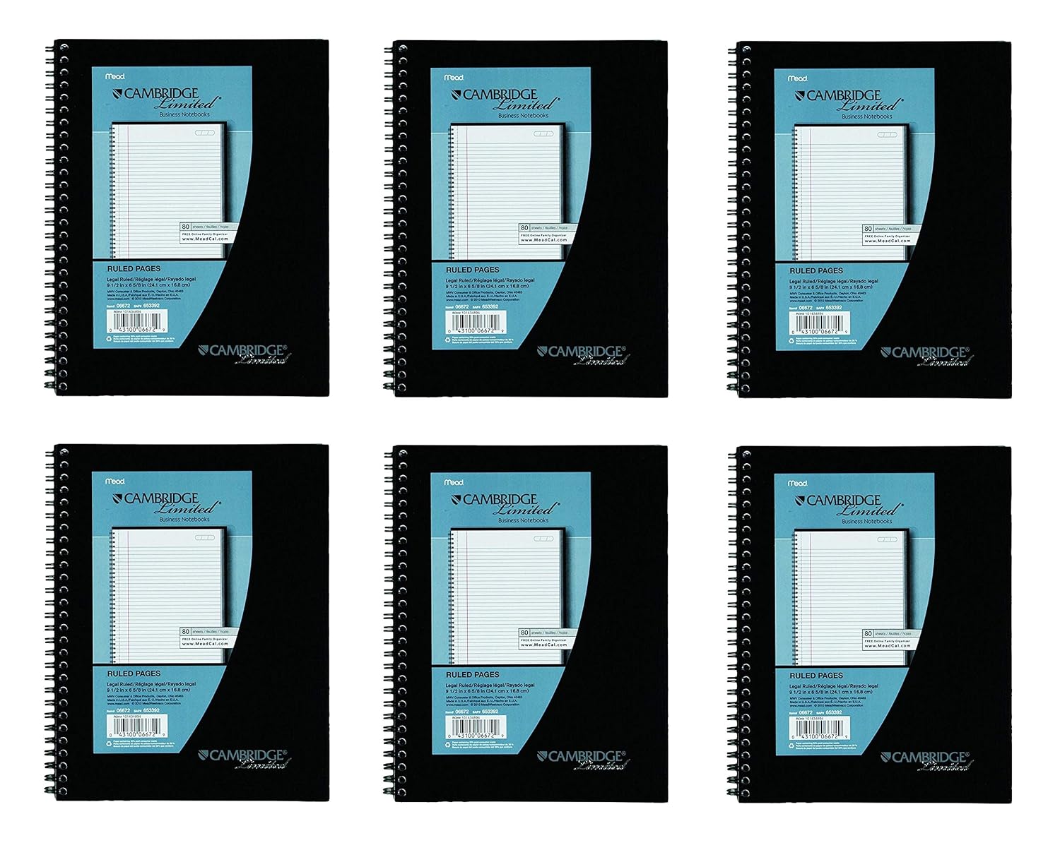 6 Pack of Mead Cambridge Wirebound Business Notebook, Legal Rule, 6 5/8 x 9 1/2 Inches, White, 80 Sheets per Pad (06672)