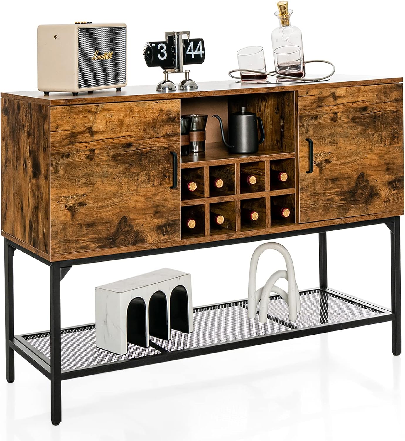 Giantex Industrial Wine Cabinet, Buffet Sideboard, Freestanding Kitchen Cupboard, Mesh Shelf, 2 Door Cabinets, Console Table for Dinning Room, Living Room, Hallway, Entryway (Rustic Brown & Black)