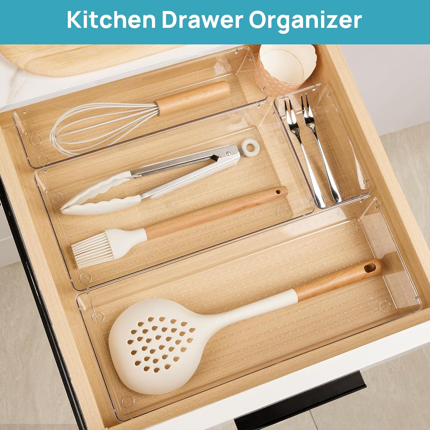 Vtopmart 7 PCS Kitchen Drawer Organizer, 4 Size Clear Plastic Utensil Organizer, Silverware Flatware Organizer for Drawer, Cutlery Organizer Tray for Kitchen, Drawer Storage Bins for Makeup, Bathroom