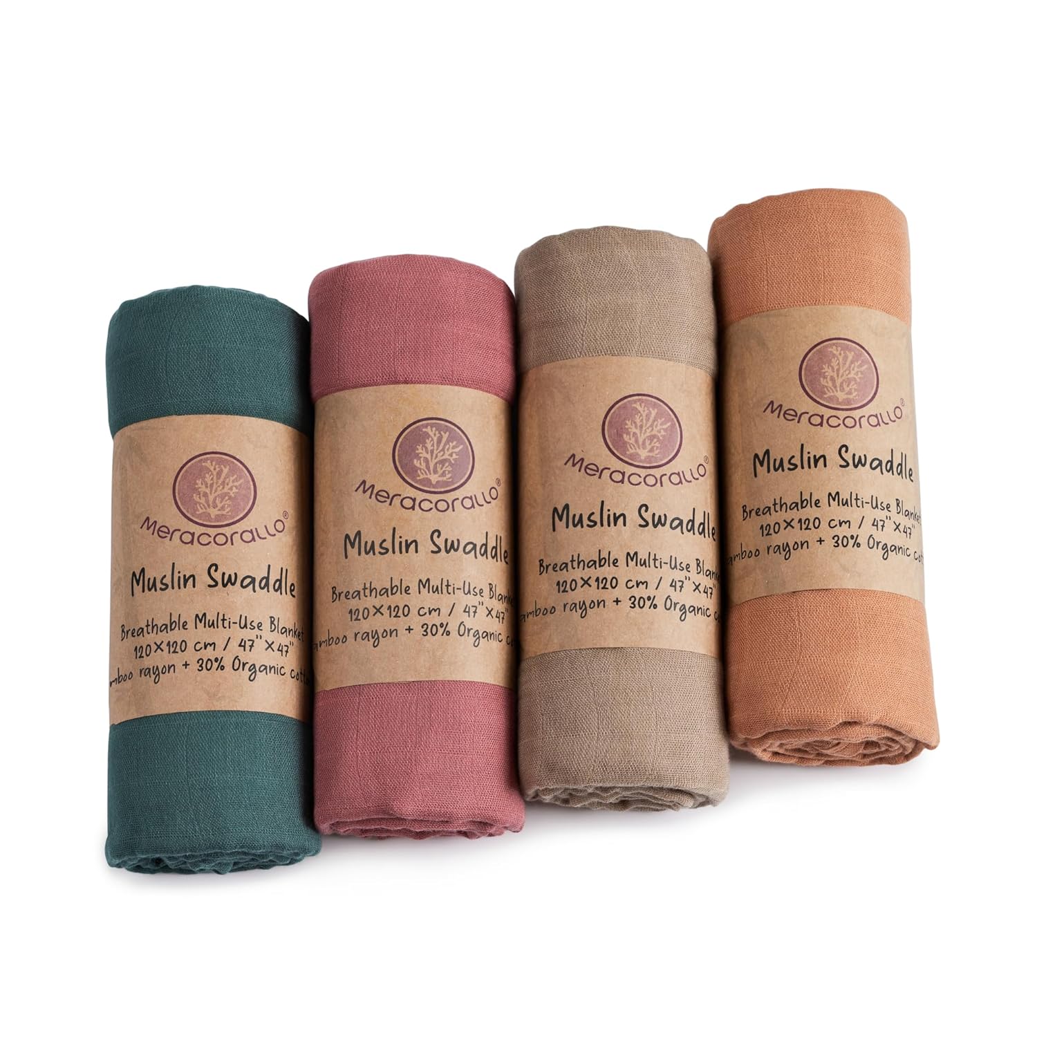 Meracorallo Muslin Swaddle Blanket, 4 Pack Neutral Swaddle Blankets, Silky Soft