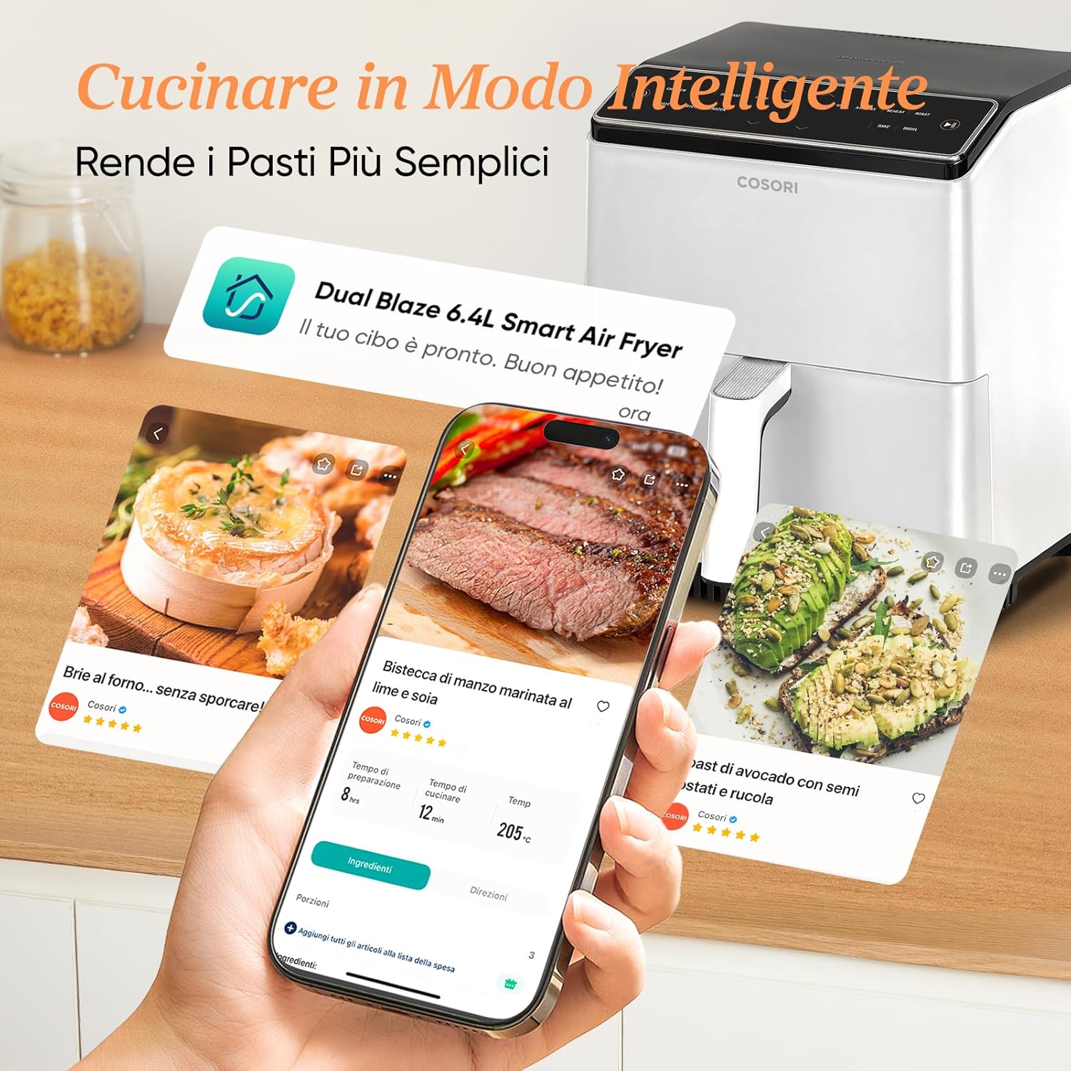 COSORI air fryer basket with cooked food