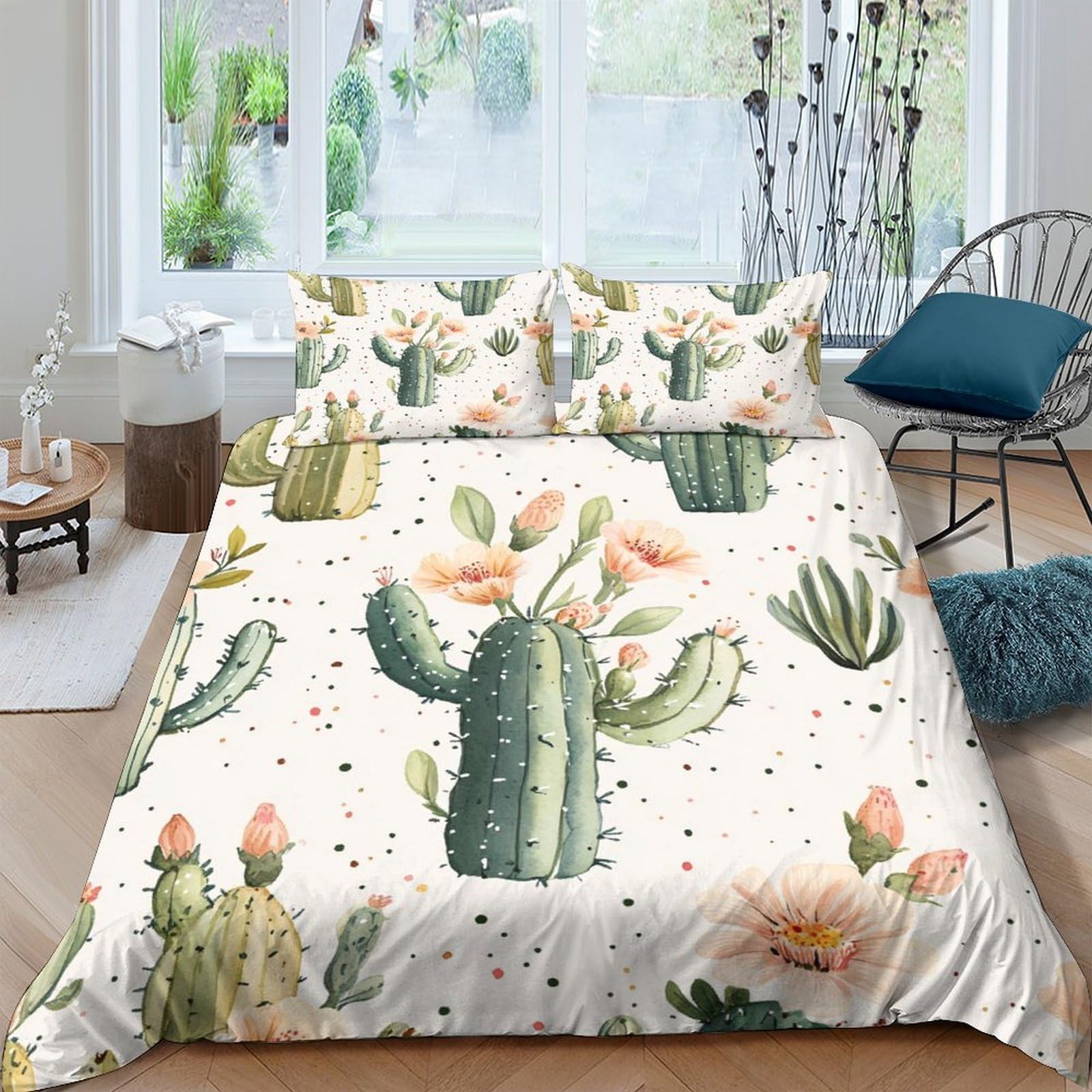 GPLZQXKJNH 3D Printed Cactus Flower Duvet Cover Microfiber Soft Breathable Succulent Quilt Cover Set with 2 Pillowcases for Bedroom Decor Single（135x200cm）