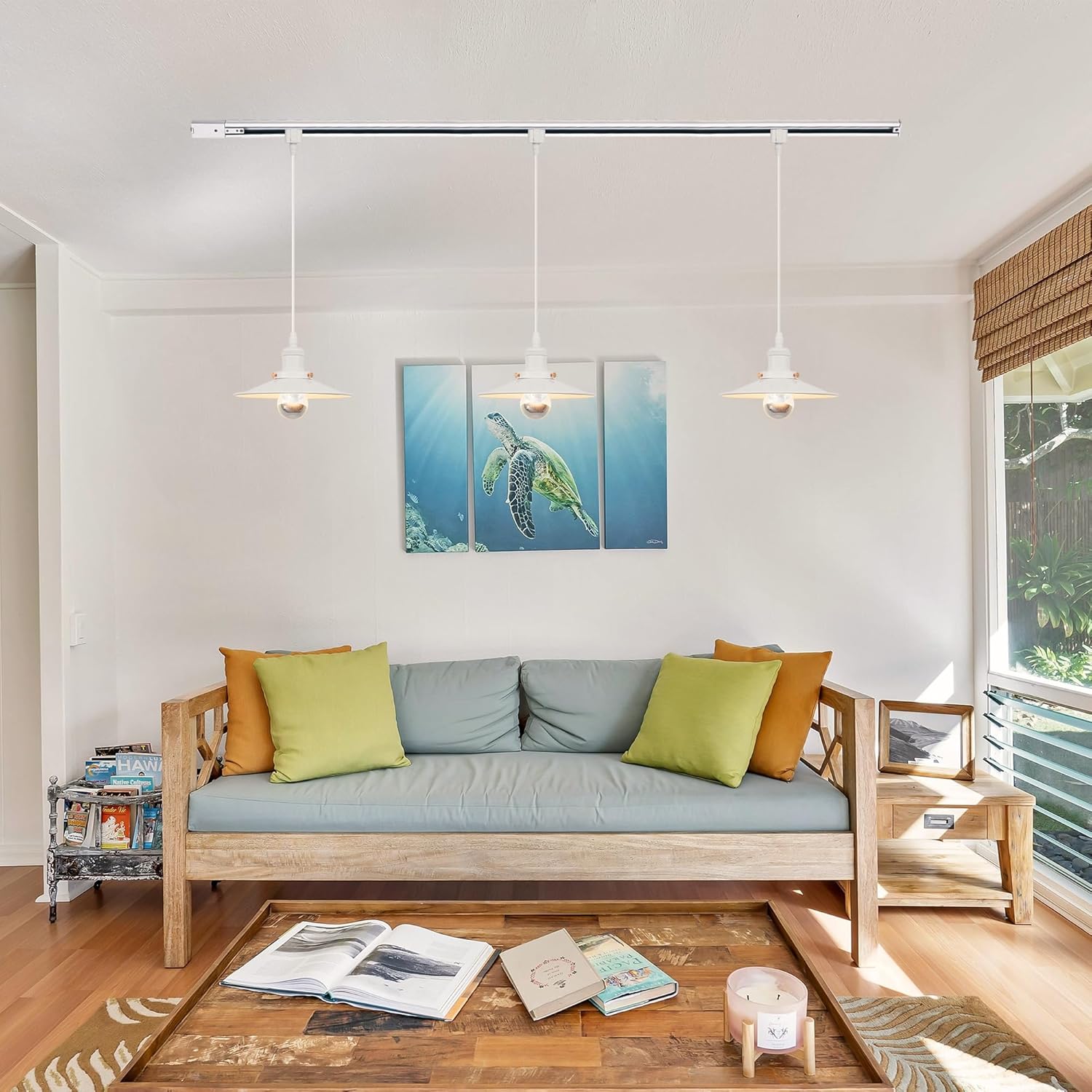 Kiven Anti Glare J-Type track lighting pendants, 1-Light J track pendant lights,Industrial J track Light Pedant for Kitchen Island Restaurant Hallway, White(Marble Pattern)