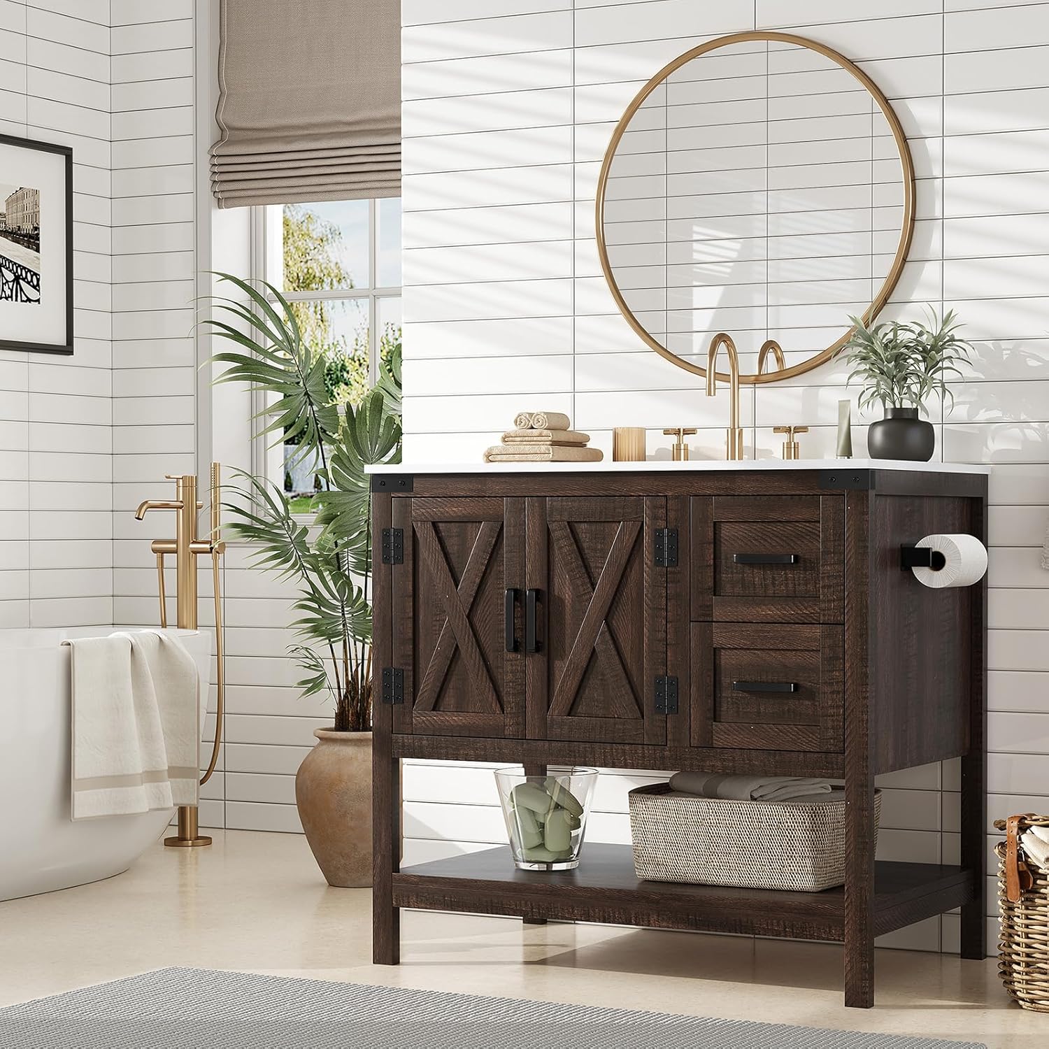 AMERLIFE 36" Farmhouse Bathroom Vanity with Sink Combo, Freestanding Small Single Wood Barn Door Bath Storage Cabinet Set with Sliding Drawers & Open Shelf, Paper Towel Holder, Rustic Brown
