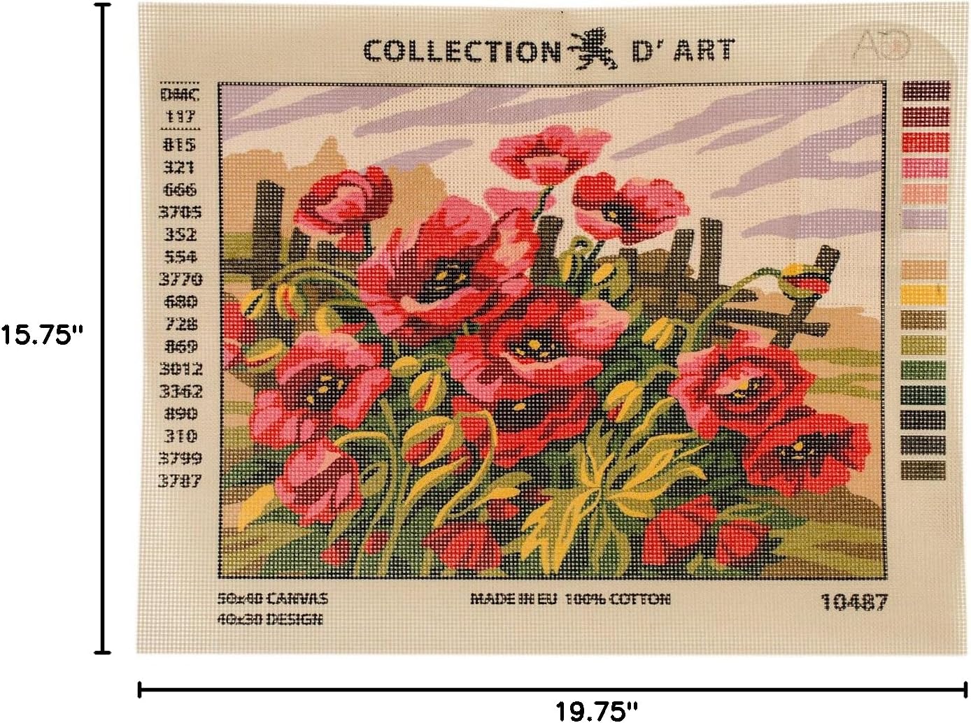 RTO "Poppies D'Art Needlepoint Printed Tapestry Canvas, 40 x 50cm
