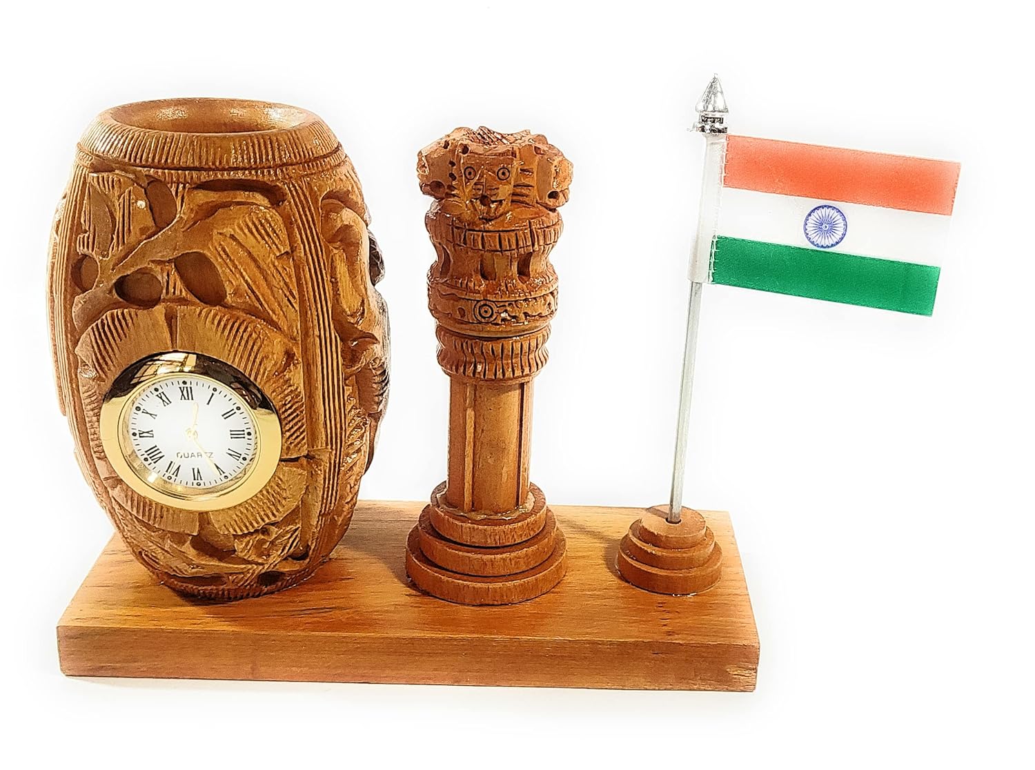 Pen Stand for Office Table Wooden pen holder Clock and National Flag