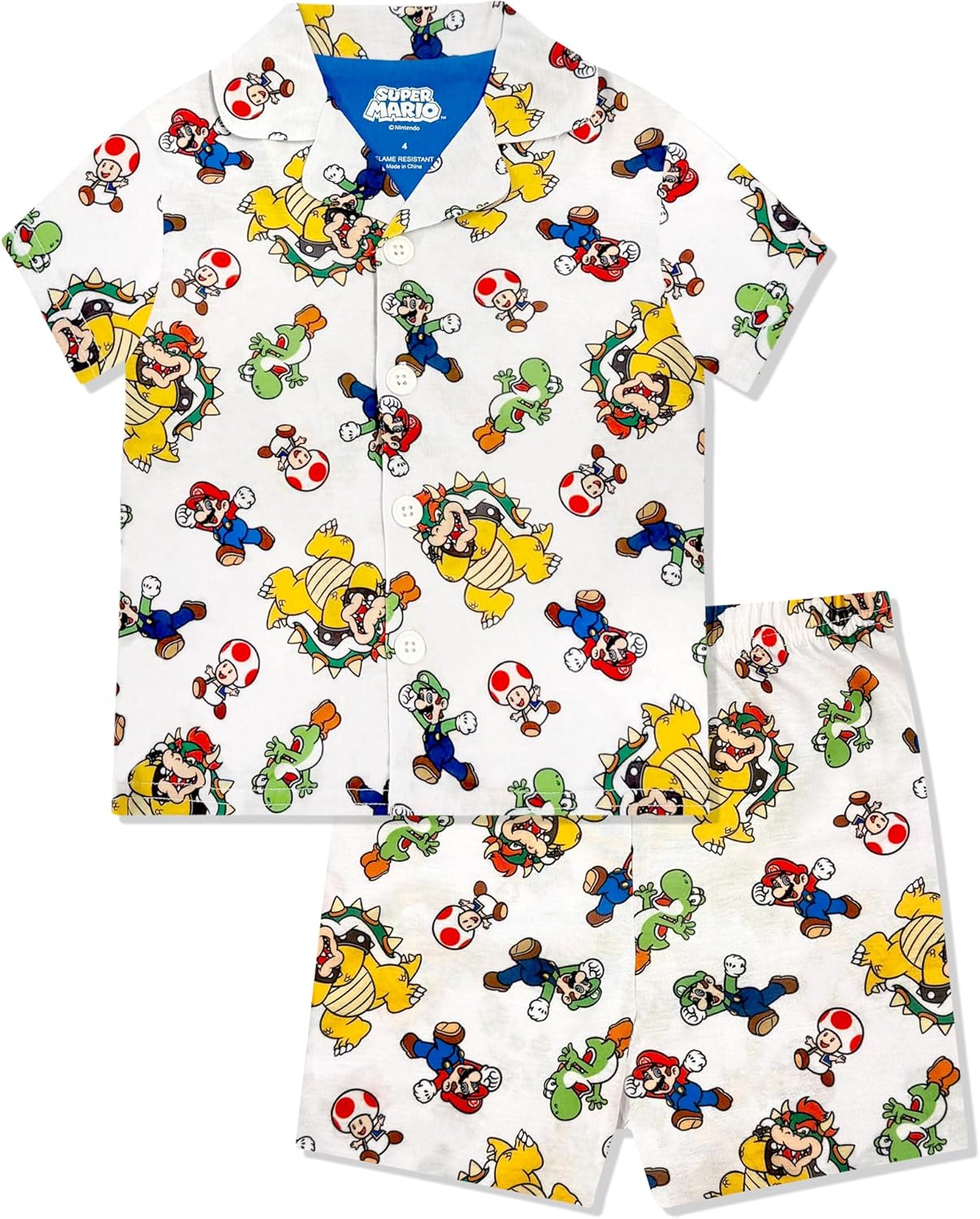 Super Mario Boy's Pajama Set - 2 Piece Boys Flannel Coat Style Short Matching PJs, Kids Button Down Pajamas - Official