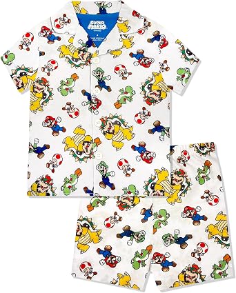 Super Mario Boys Pajama Set - 2 Piece Boys Flannel Coat Style Short Matching PJs, Kids Button Down Pajamas - Official