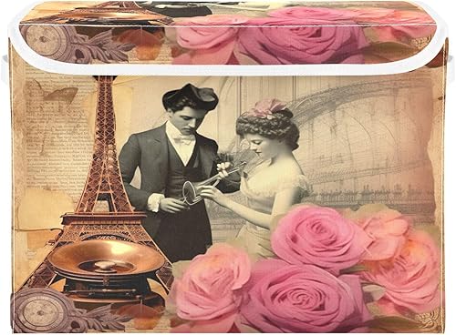 YETTASBIN Cesta de almacenamiento de fotos vintage de París con tapa y asas, grandes contenedores de almacenamiento plegables de tela, organizador