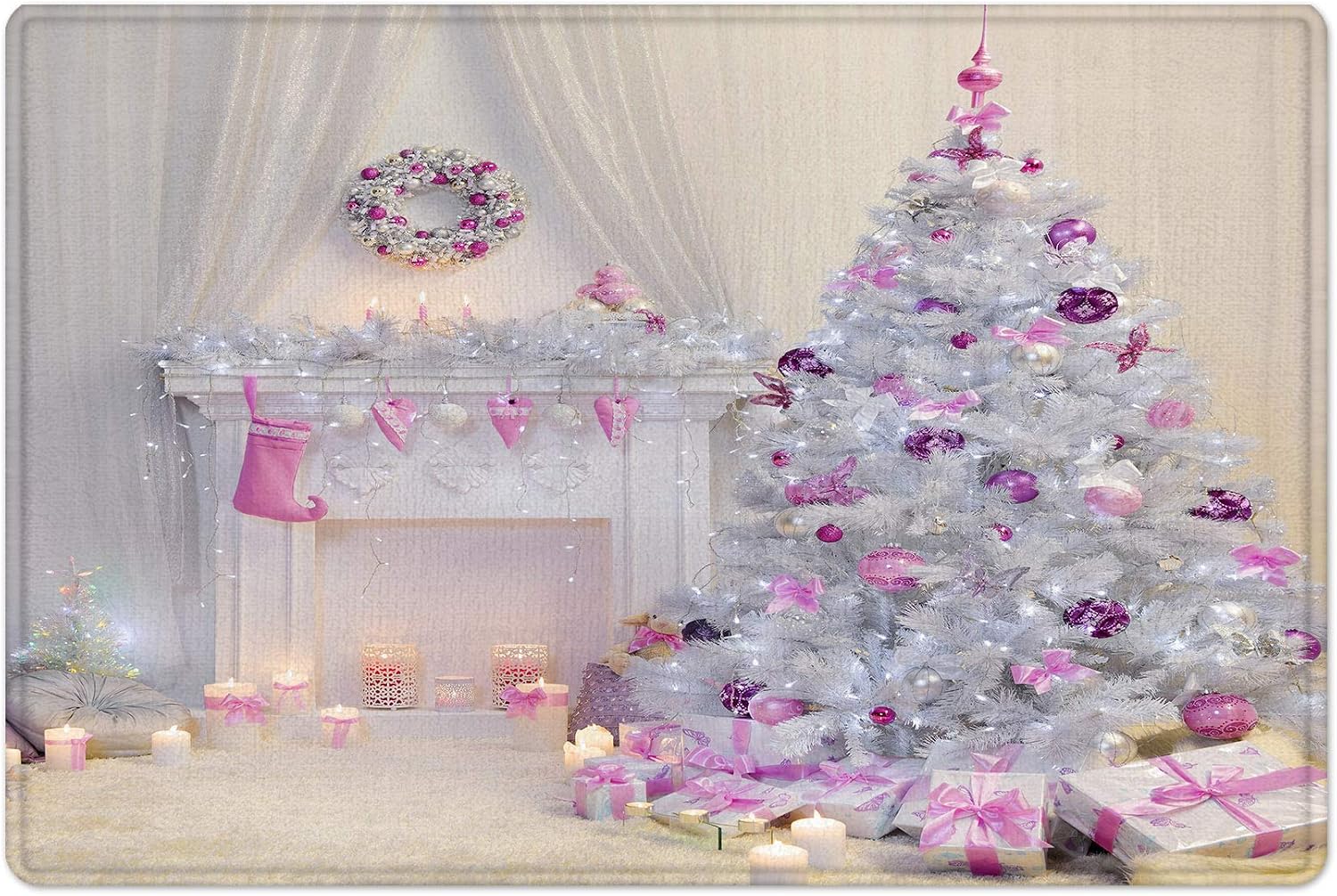 LB Merry Christmas Mat for Bathroom Christmas Trees Covered by Pink Balls Gifts Fireplace Rug for Shower Non Slip Rubber Backing Comfortable Soft Flannel Surface,24x16 Inch