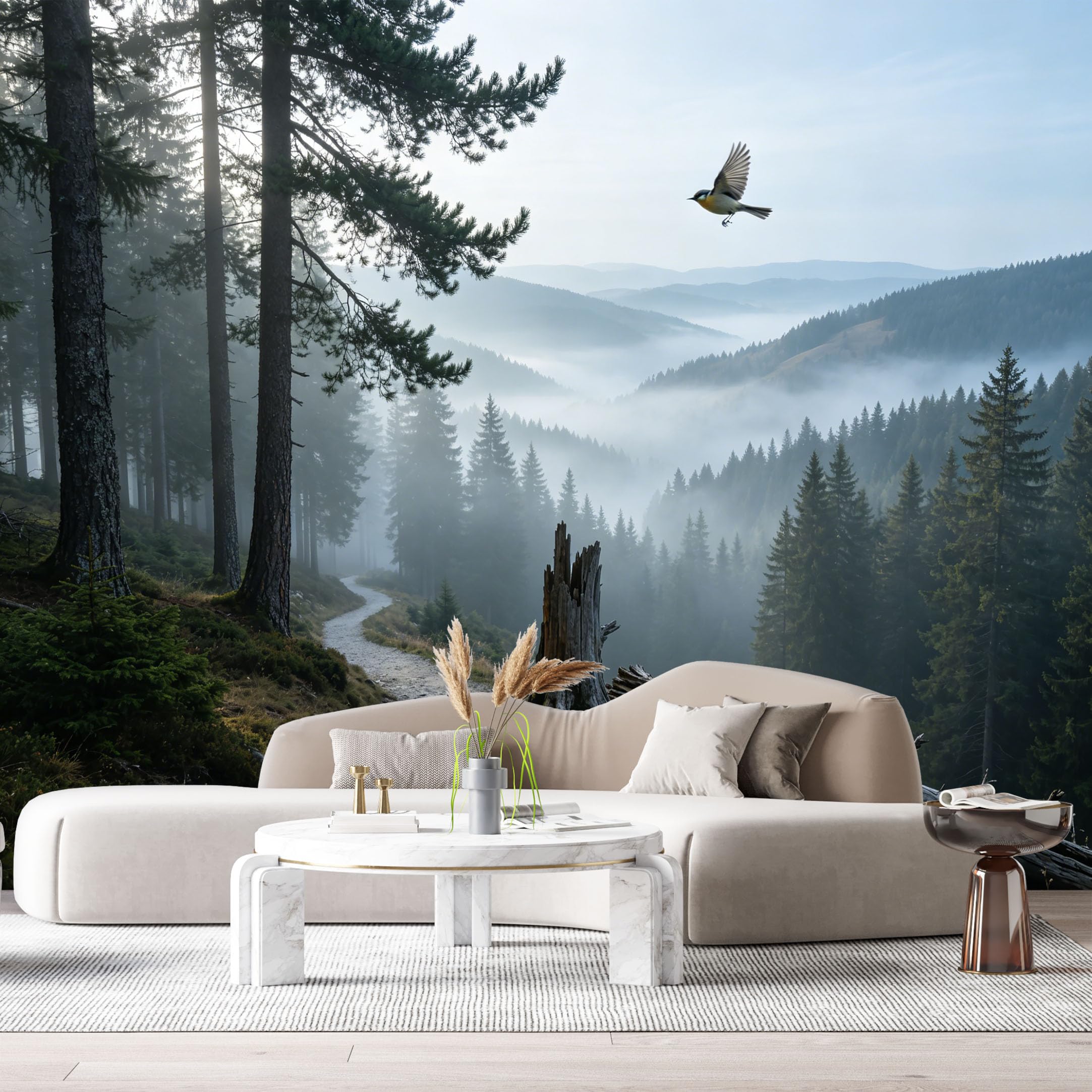 Custom Size Wall Murals Misty Forest Landscape Pine Trees Flying Bird Nature Scenery SelfAdhesive Wall Fabric Removable Large Wallpaper for Photo Living Room