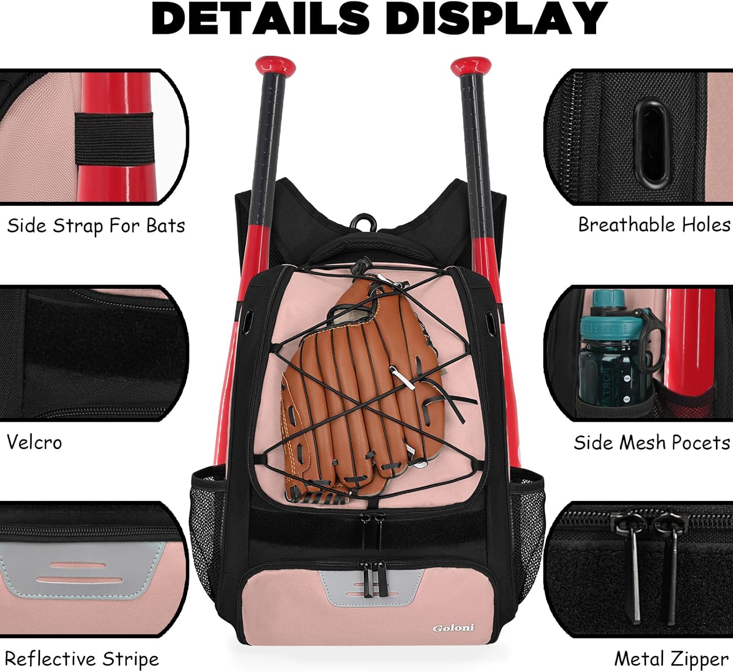 Goloni | Baseball Backpack,Baseball Bag for Adult,Softball Bat Bag with Shoes Compartment,Large Main Compartment for Helmet & accessories, Fence Hook