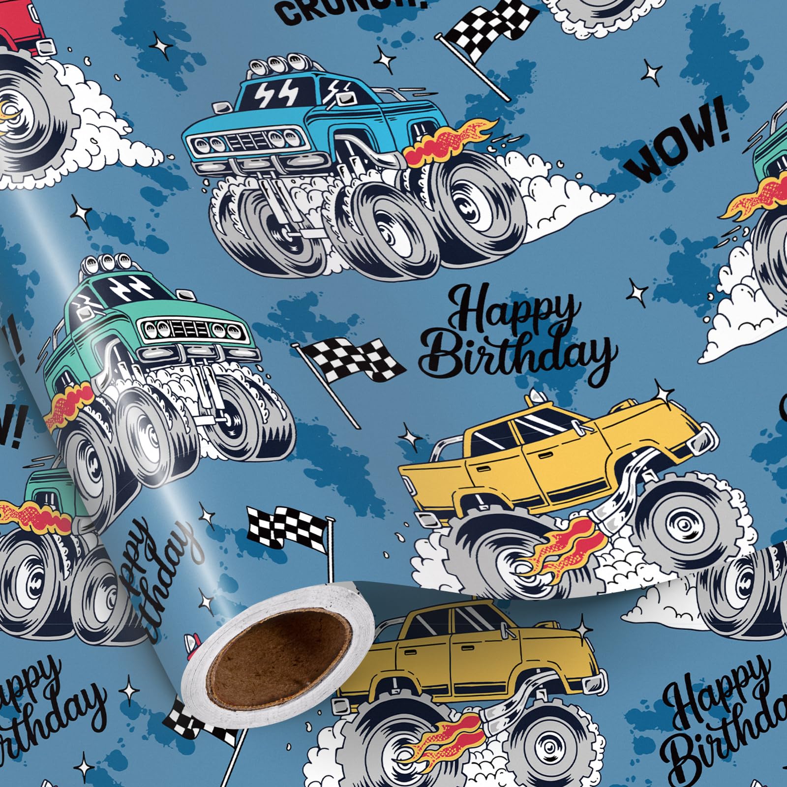 RUSPEPA Monster Truck Wrapping Paper Roll for Kids Boys, Mini Roll, Blue Big Wheels Truck & Checkered Flag Design, Racing Gift Wrap for Birthday, Adventure Celebration, 43.2cm x 5m โ image 1